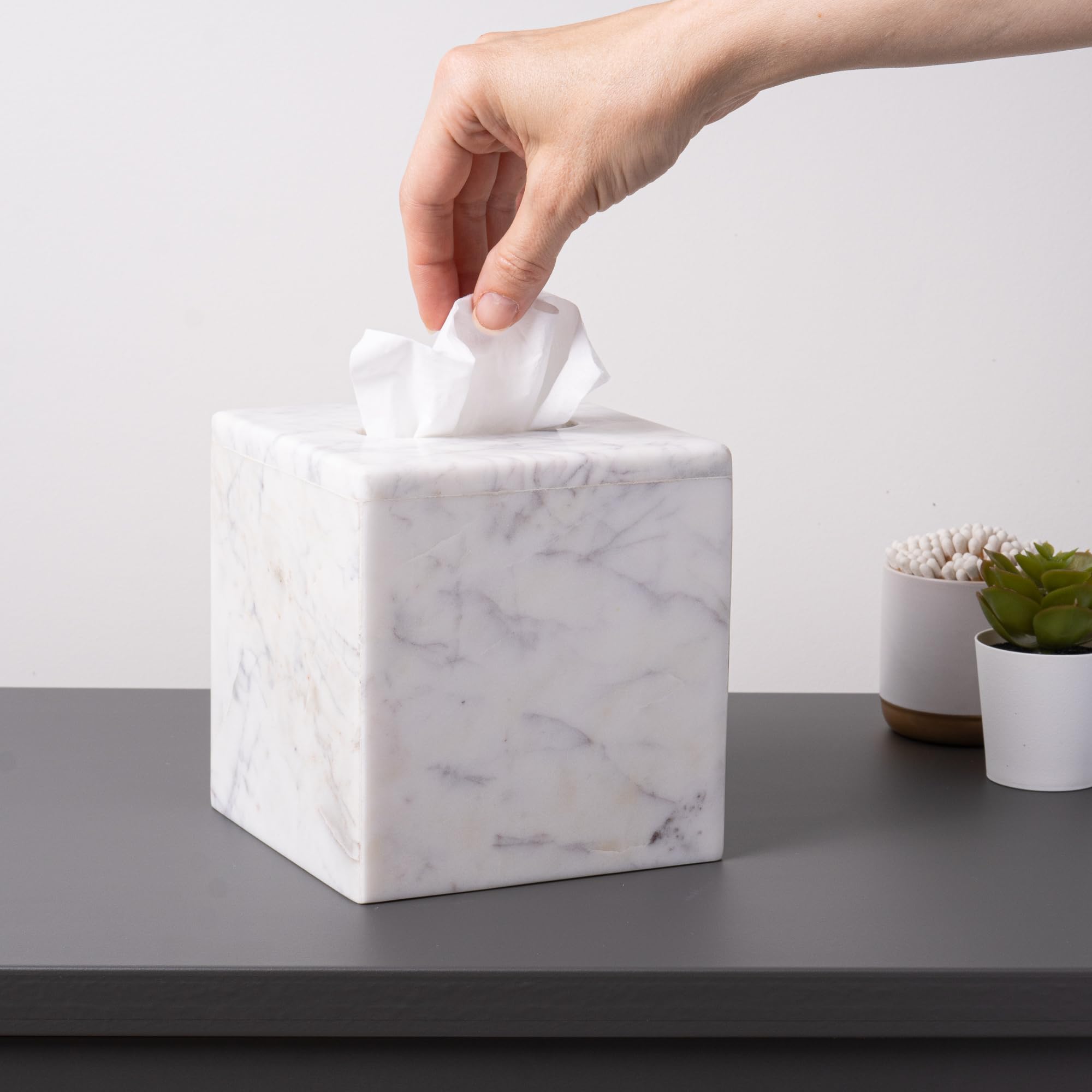 Cork & Mill tissue box cover styled on bathroom vanity adding luxury and cohesive decor