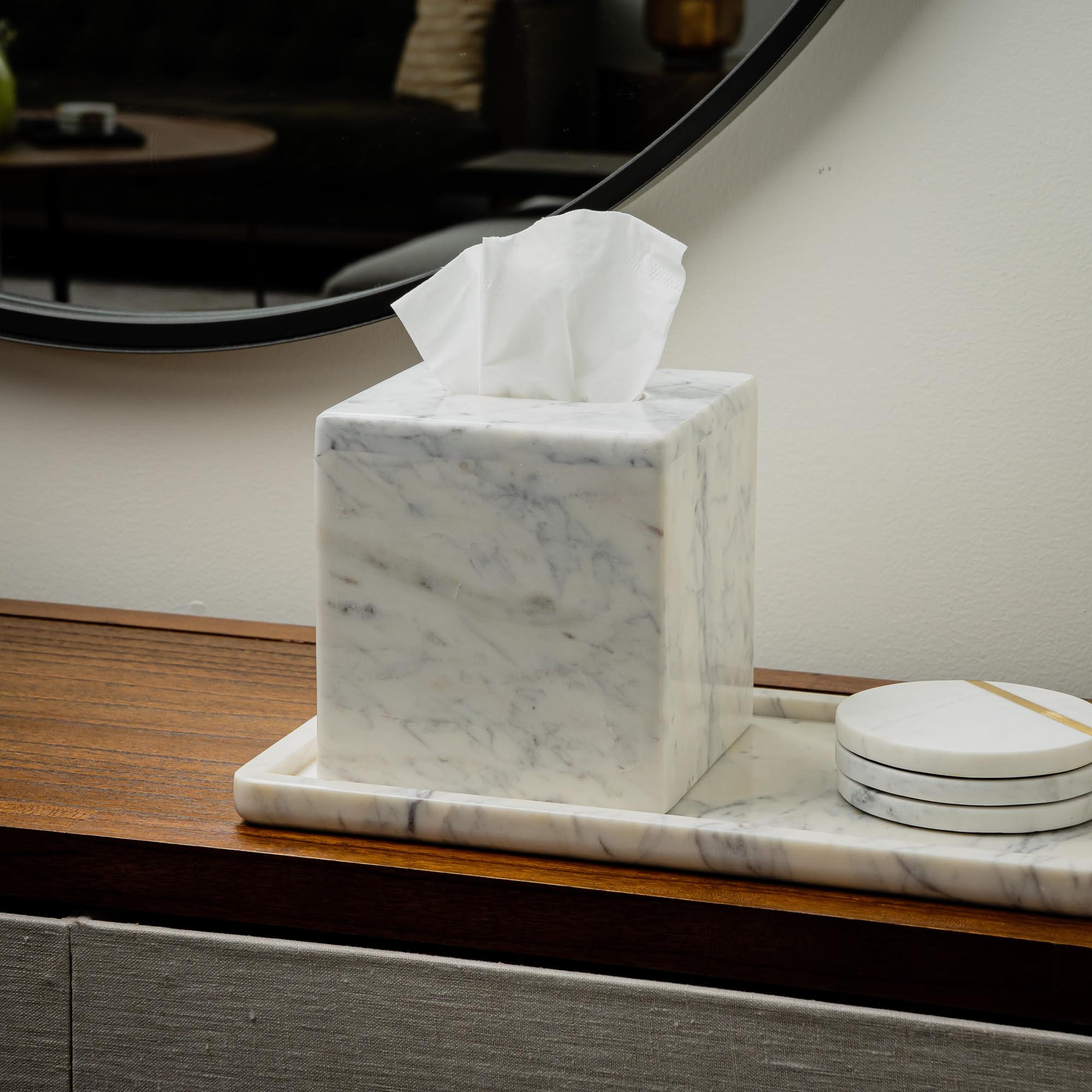 Cork & Mill side view emphasizing weighty solid marble construction for stable dispensing