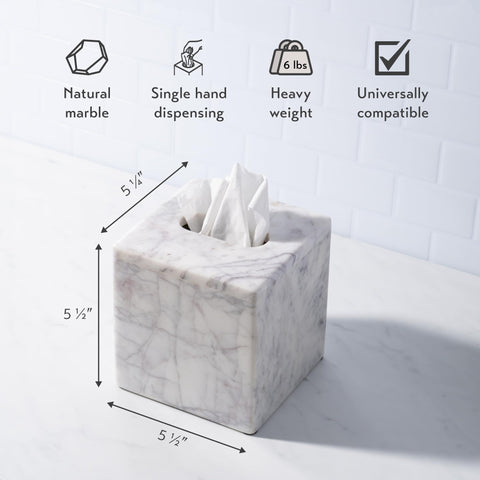 Cork & Mill top opening detail of marble tissue box cover for easy tissue access and secure fit