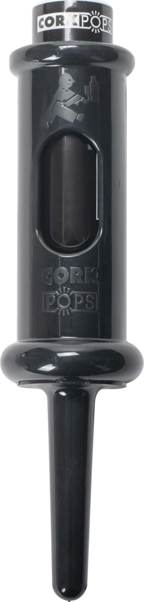 Cork Pops black opener front view showing sleek finish and compact design for easy handling