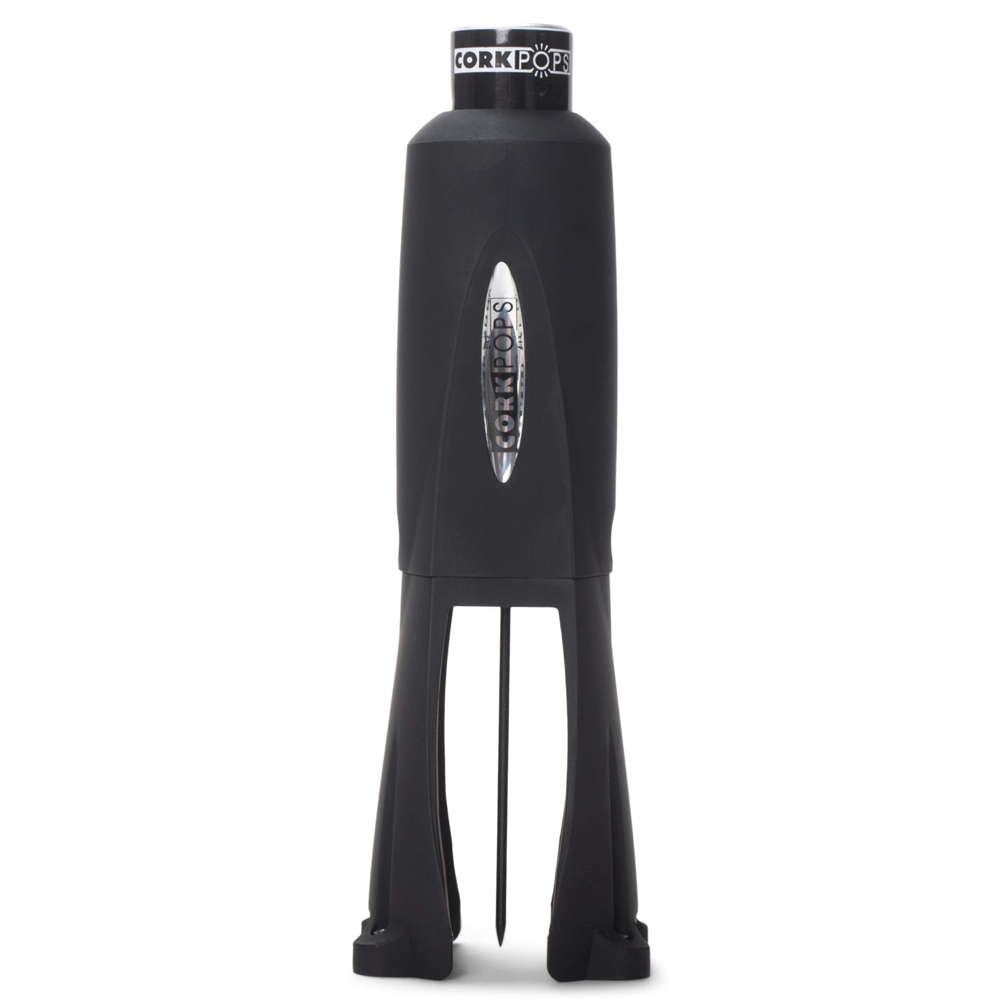 Cork Pops Legacy front view showing matte black finish and ergonomic grip, fast opening