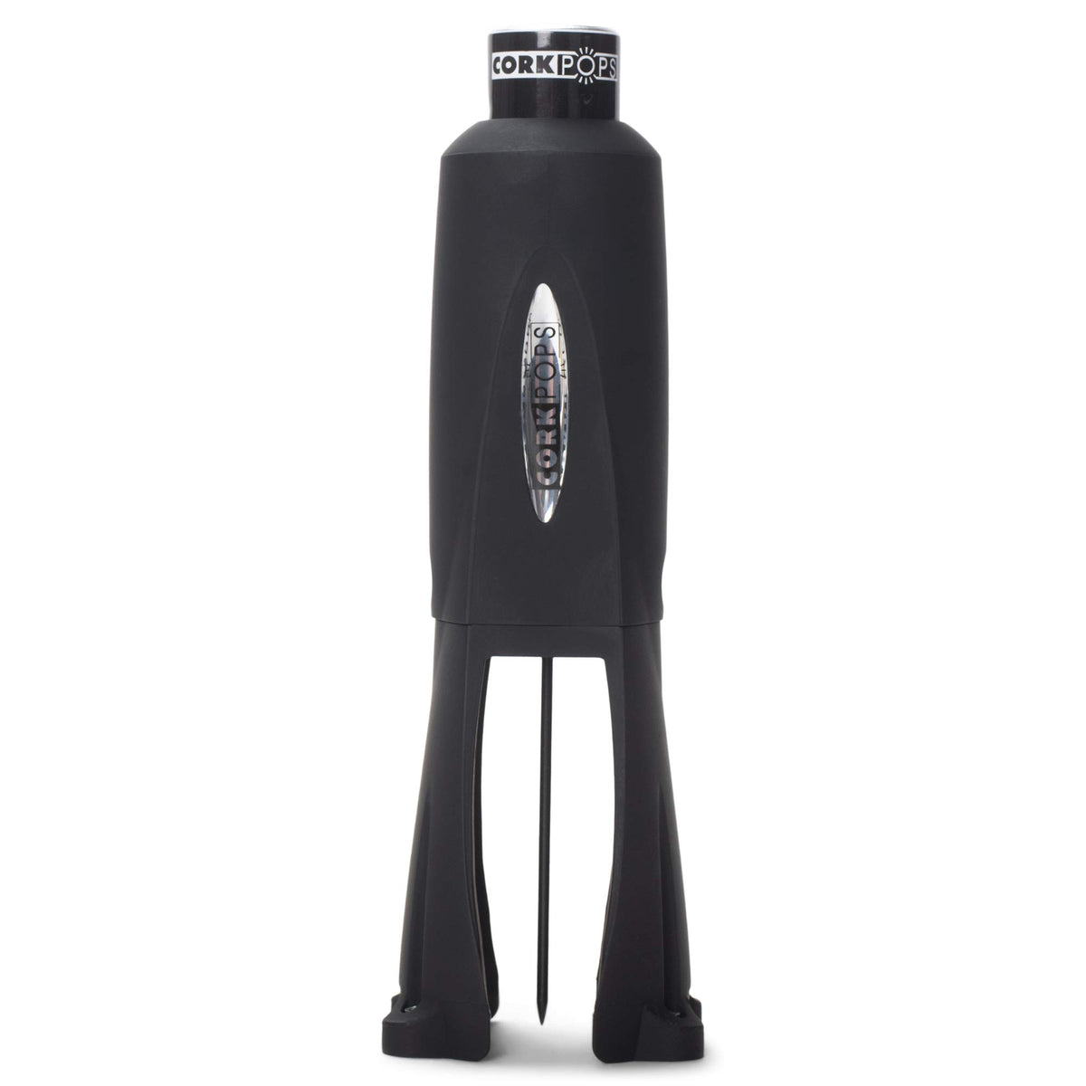 Cork Pops Legacy front view showing matte black finish and ergonomic grip, fast opening