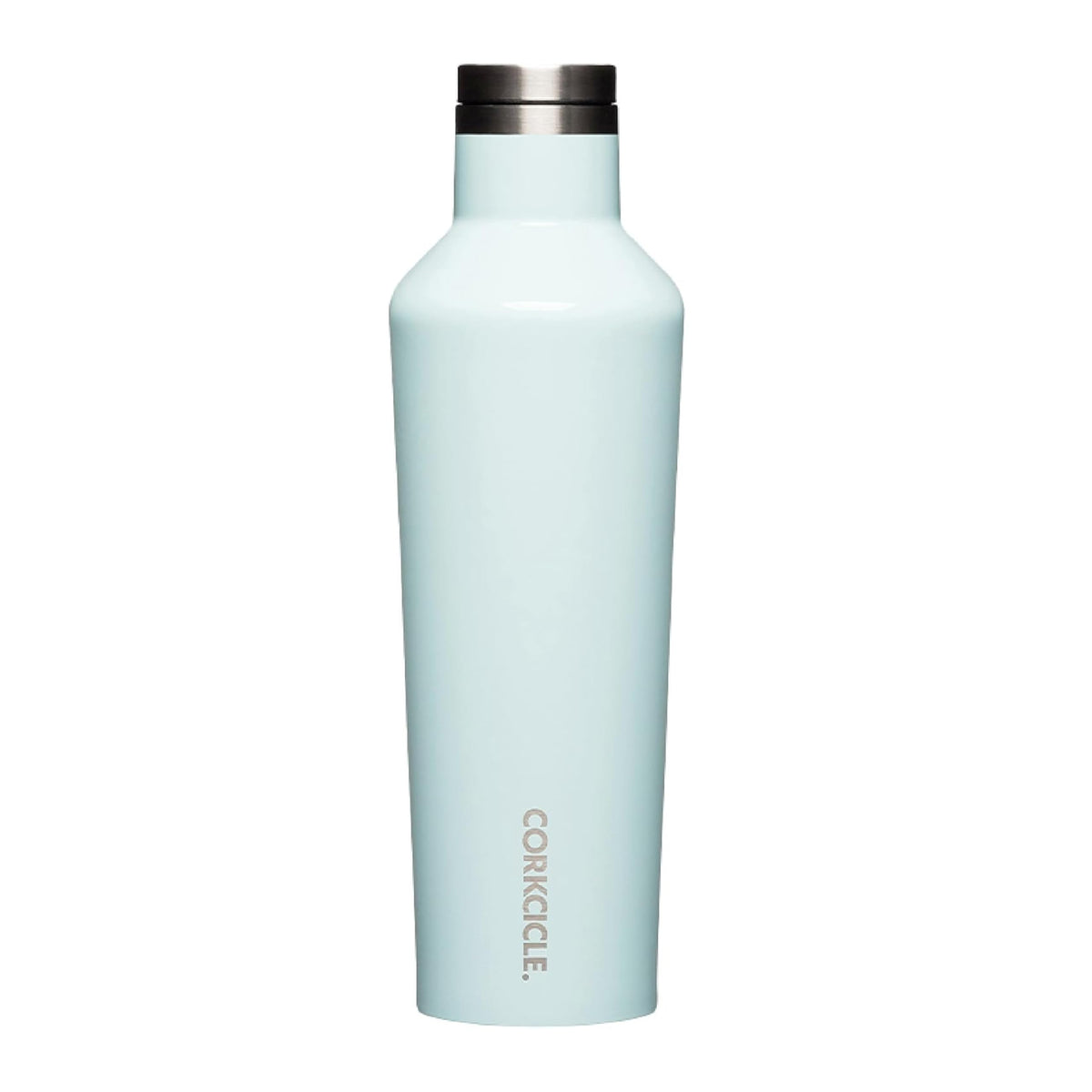 Corkcicle canteen front view showing gloss powder blue finish and style benefit