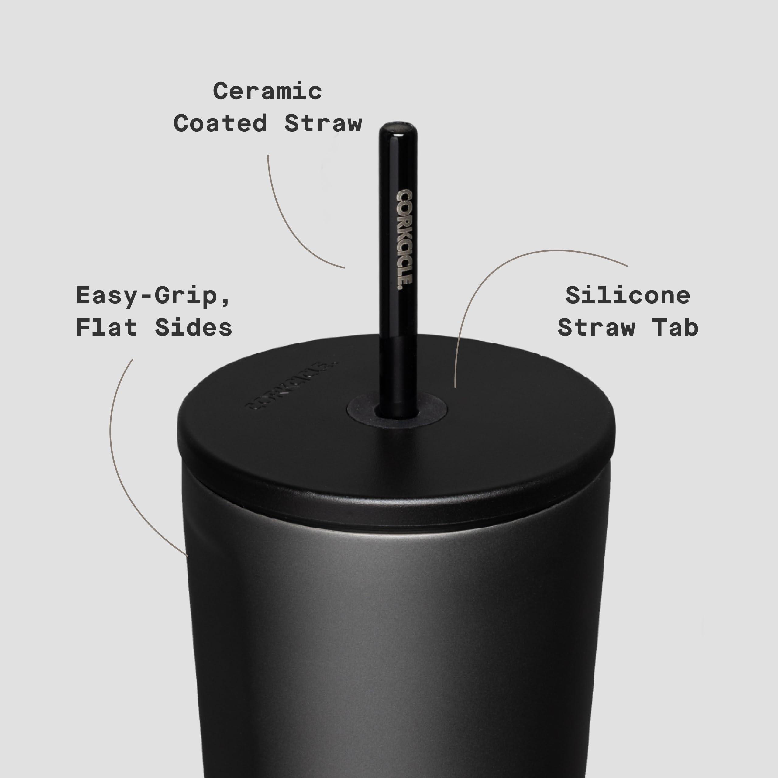 Corkcicle flat-sided grip close-up for stable, ergonomic holding