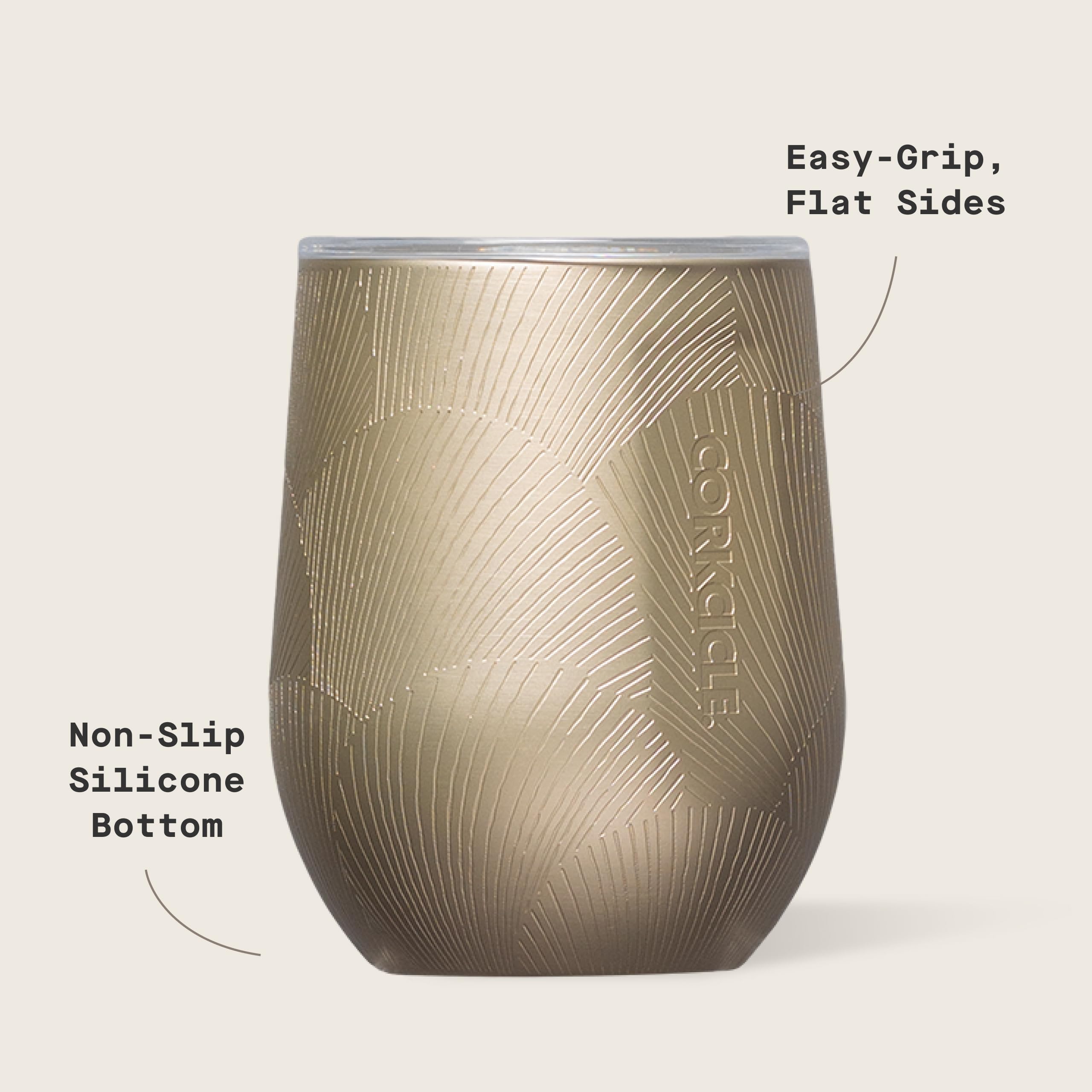 Corkcicle side profile highlighting flat easy-grip sides for comfortable hold