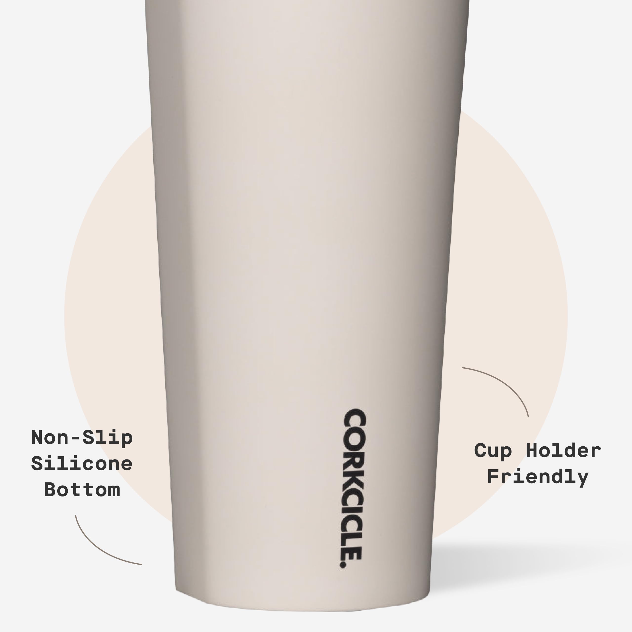 Corkcicle non-slip silicone base in focus for stable placement on surfaces