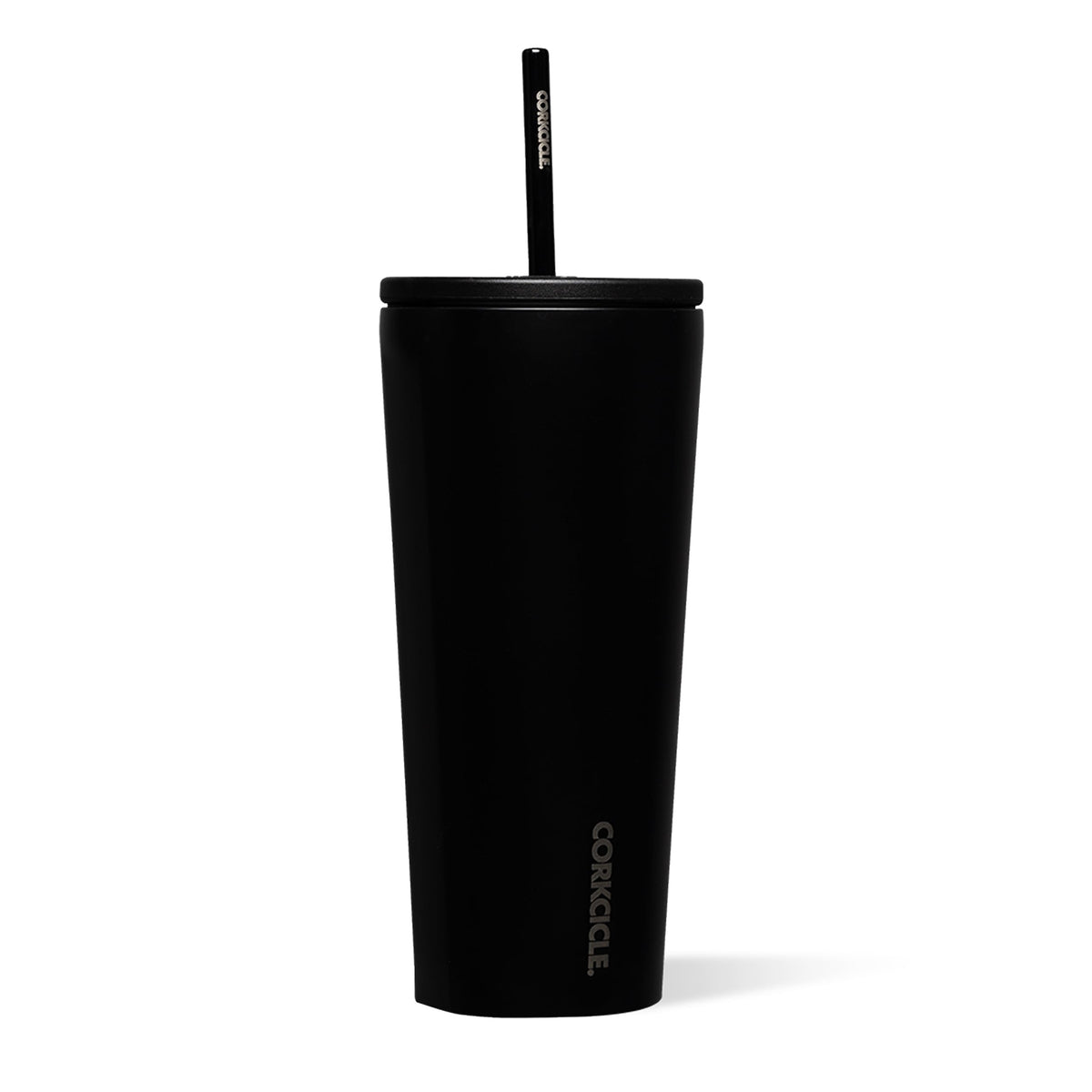 Corkcicle Matte Black front view showing sleek tumbler and capacity