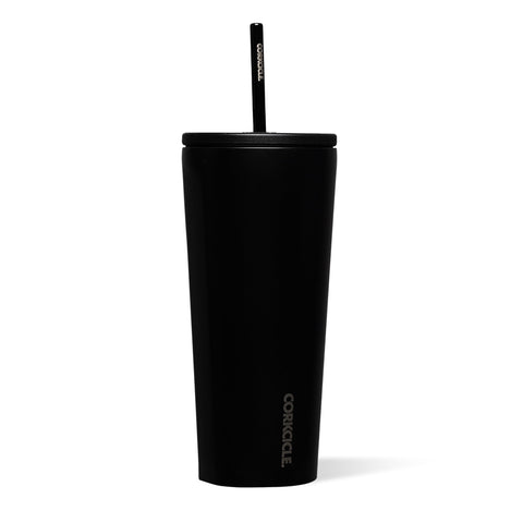 Corkcicle Matte Black front view showing sleek tumbler and capacity