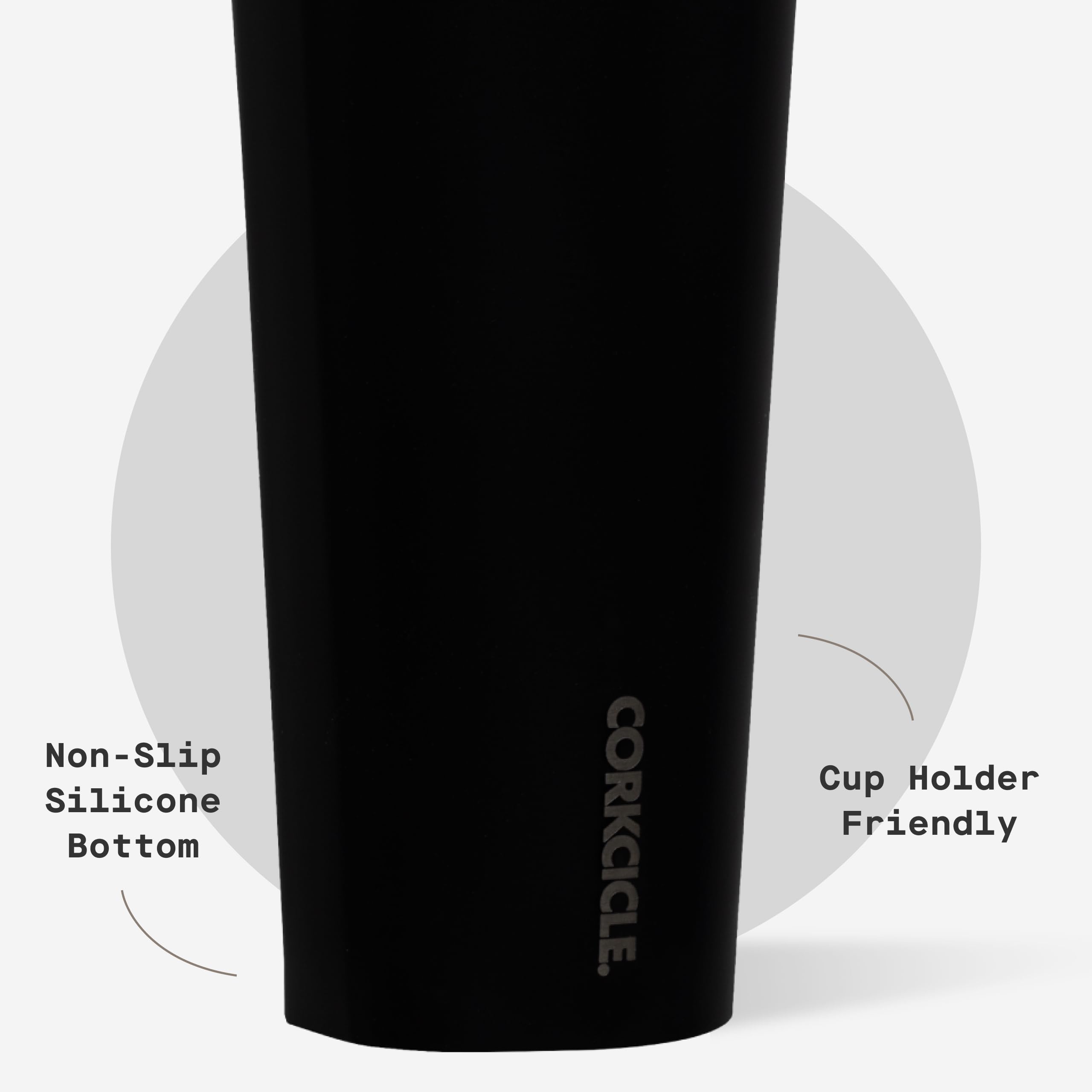 Corkcicle Matte Black in car cupholder demonstrating travel-ready fit