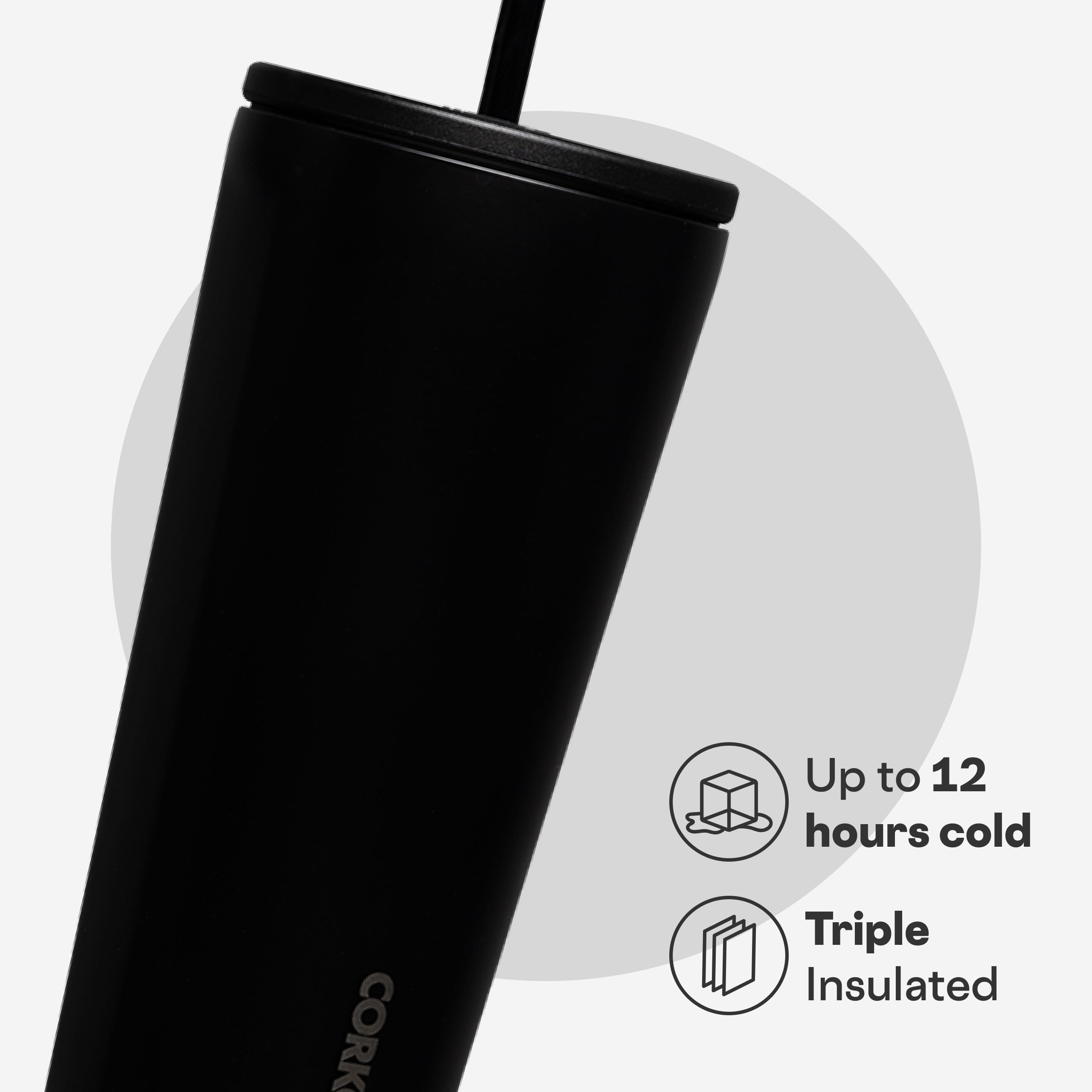 Corkcicle Matte Black lid and straw tab close-up for spill control