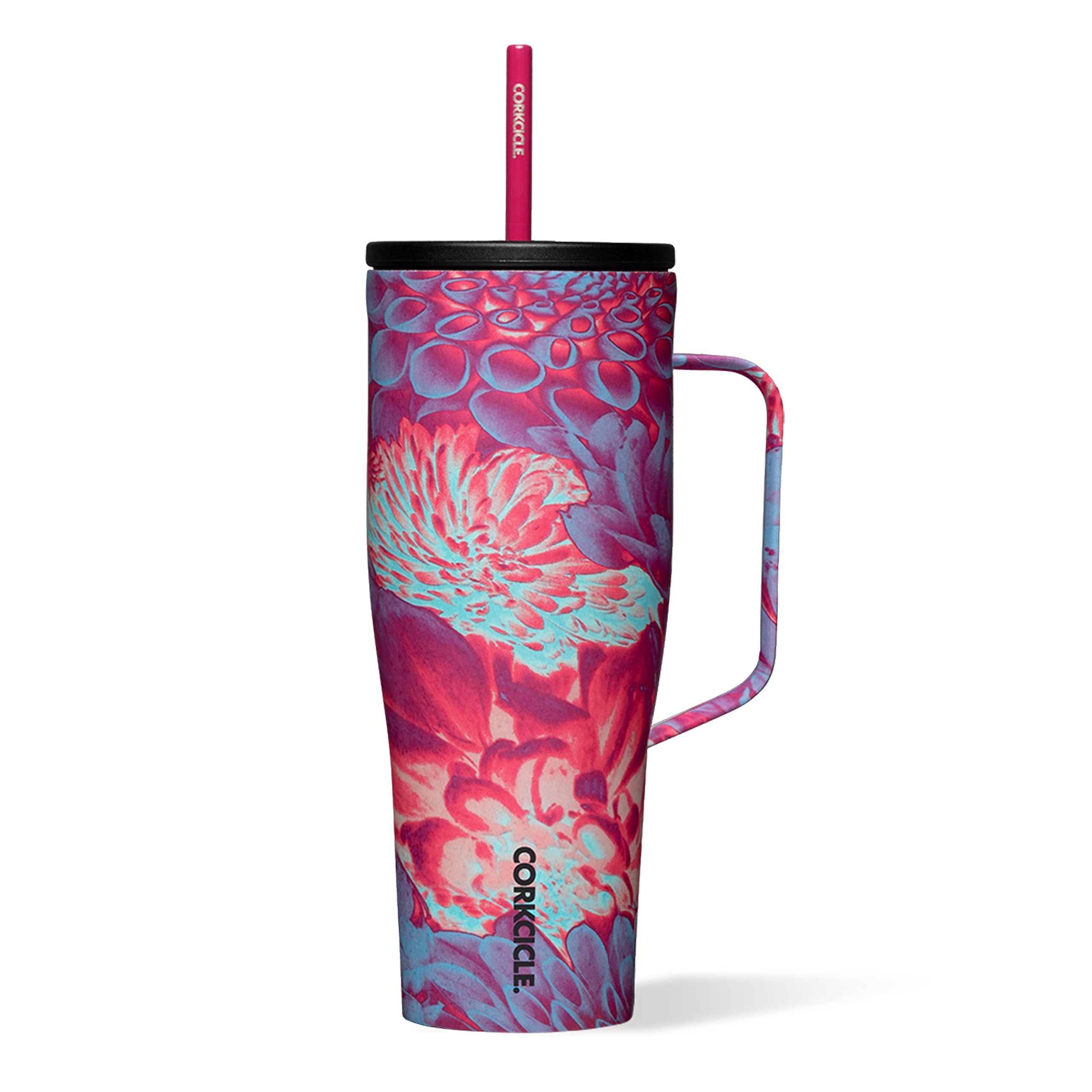 Corkcicle Cold Cup XL front view showing floral finish and capacity benefits