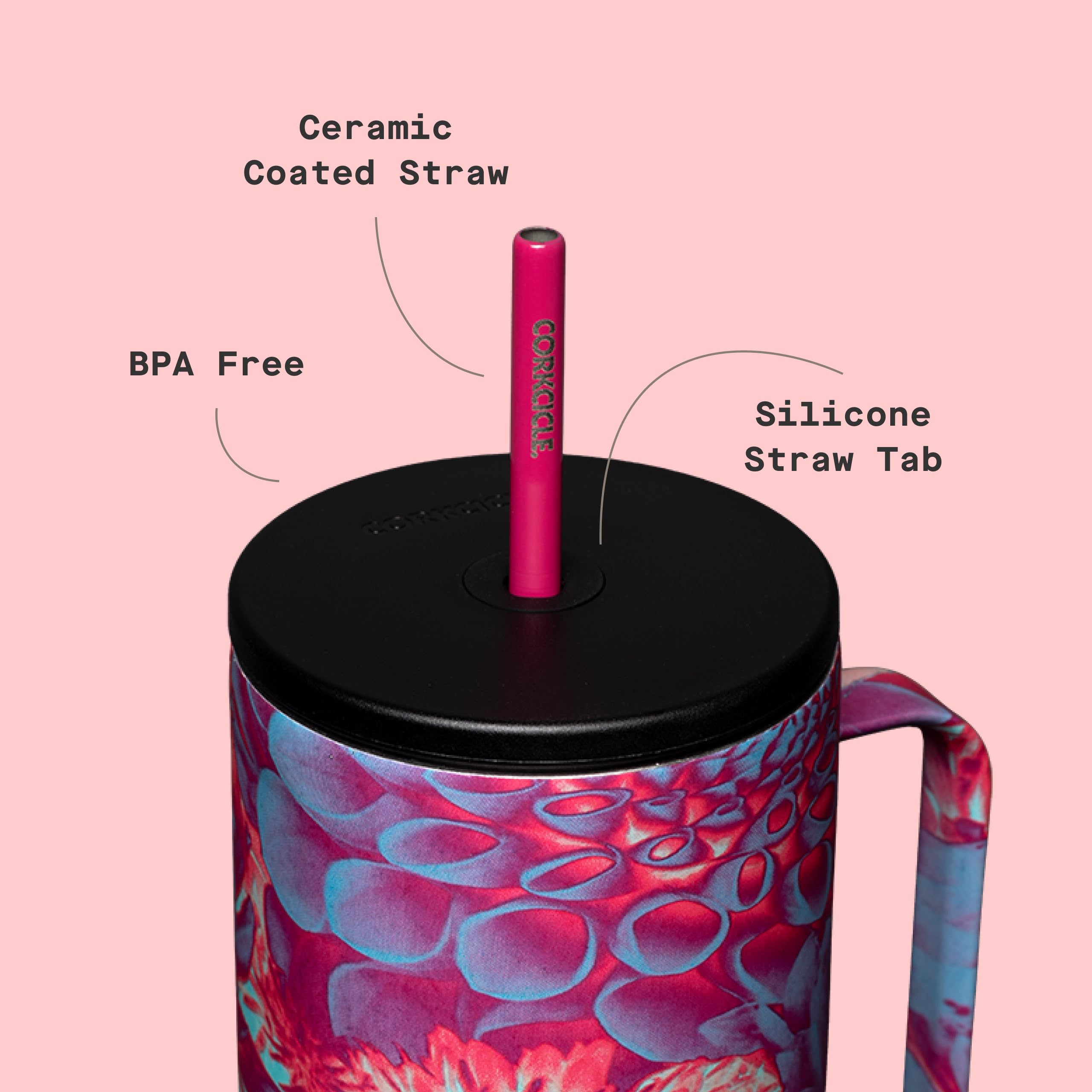Corkcicle floral texture close-up showing durable decorative finish
