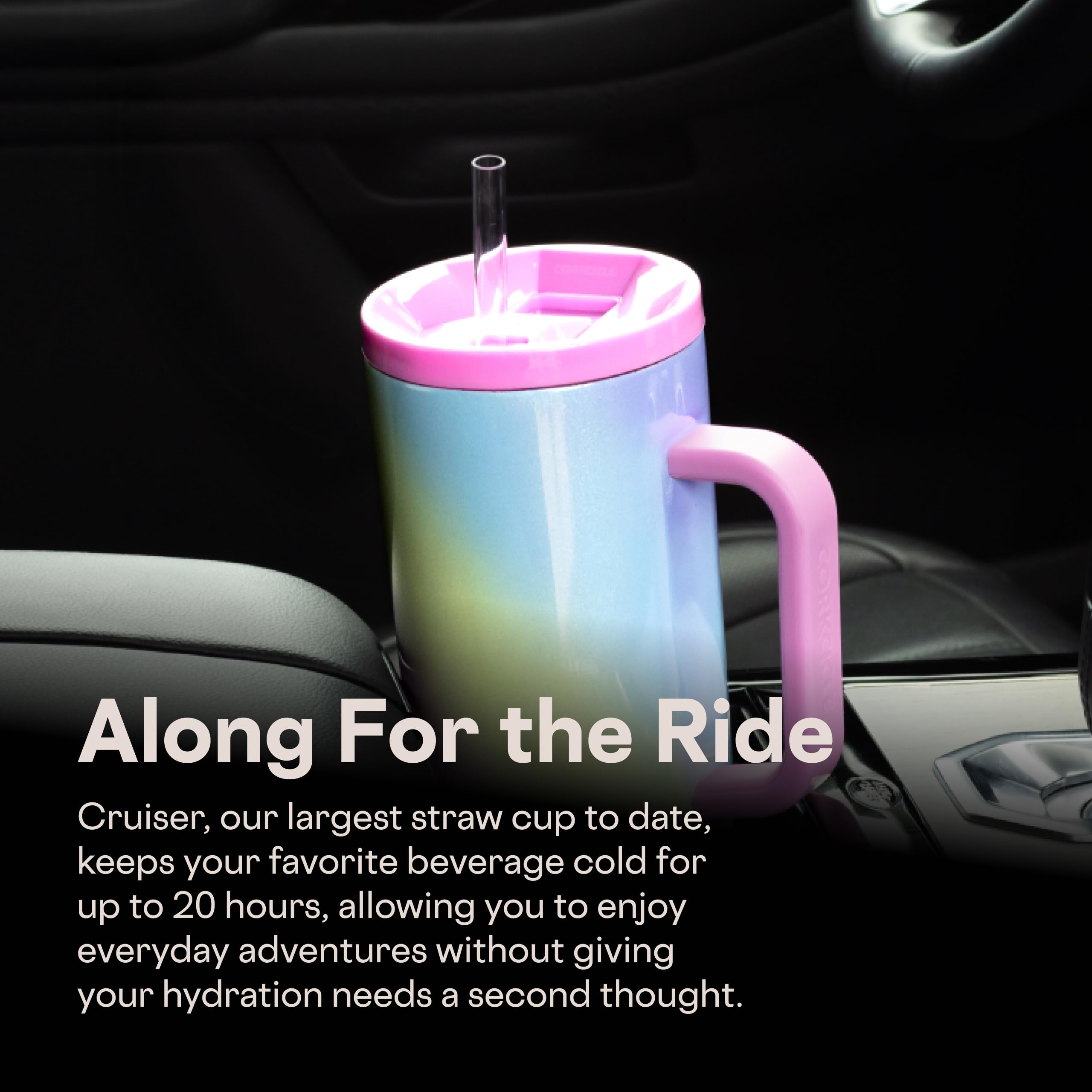 Corkcicle Cruiser filled with ice and fruit illustrating long-lasting cold beverage benefit