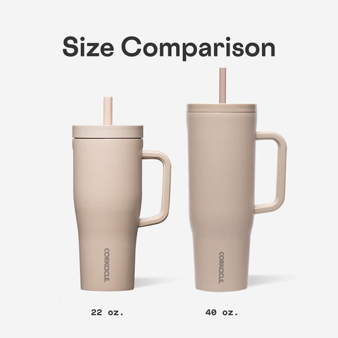Corkcicle Cruiser beside a water bottle showing 40 oz size practicality