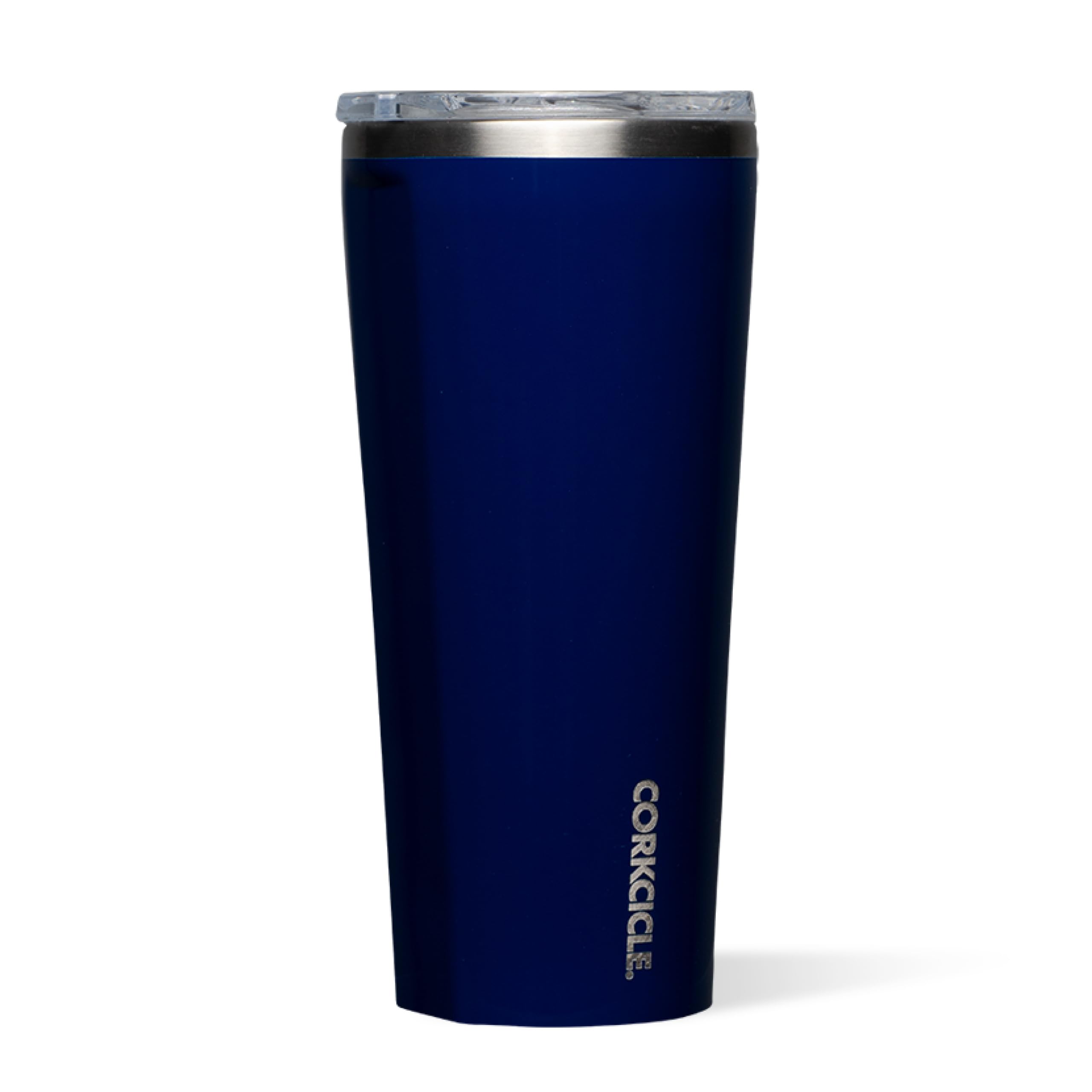 Corkcicle front view showing glossy midnight navy finish and 24 oz capacity benefit