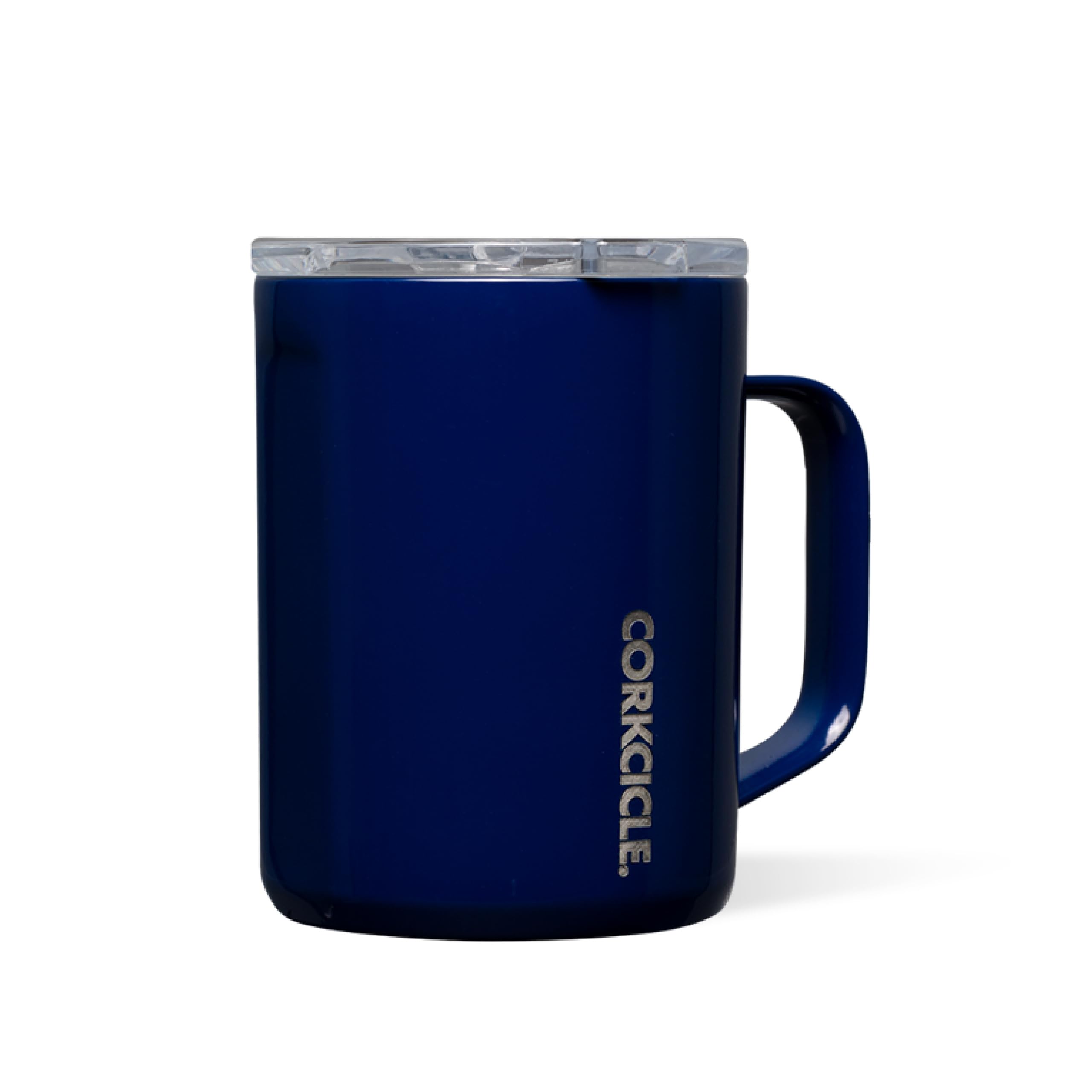 Corkcicle gloss midnight navy front view showing sleek mug and handle for stylish performance