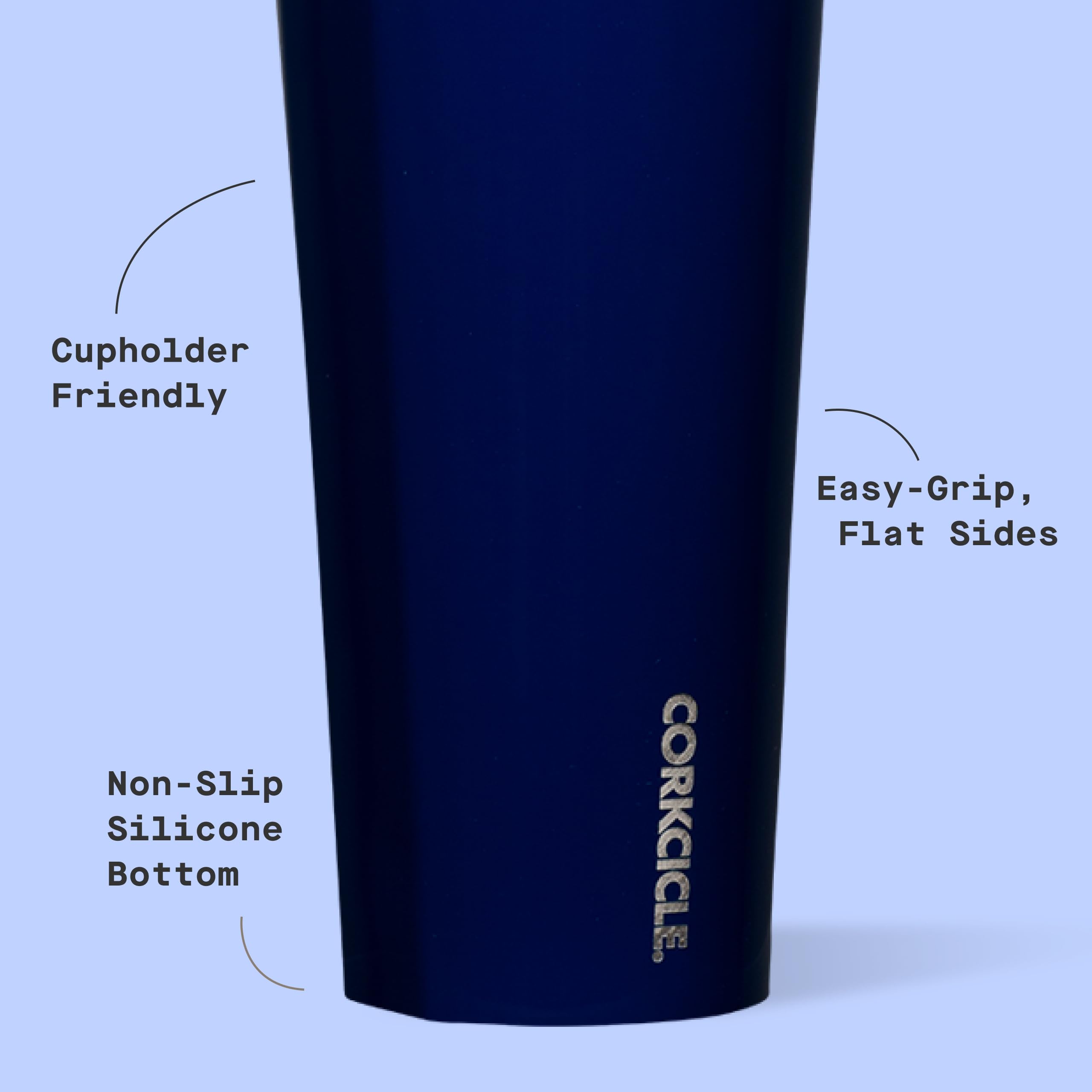 Corkcicle silicone base close-up showing non-slip stability for desks and tables