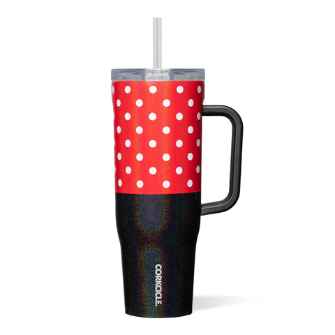 Corkcicle front view showing Minnie Mouse art and large capacity benefit