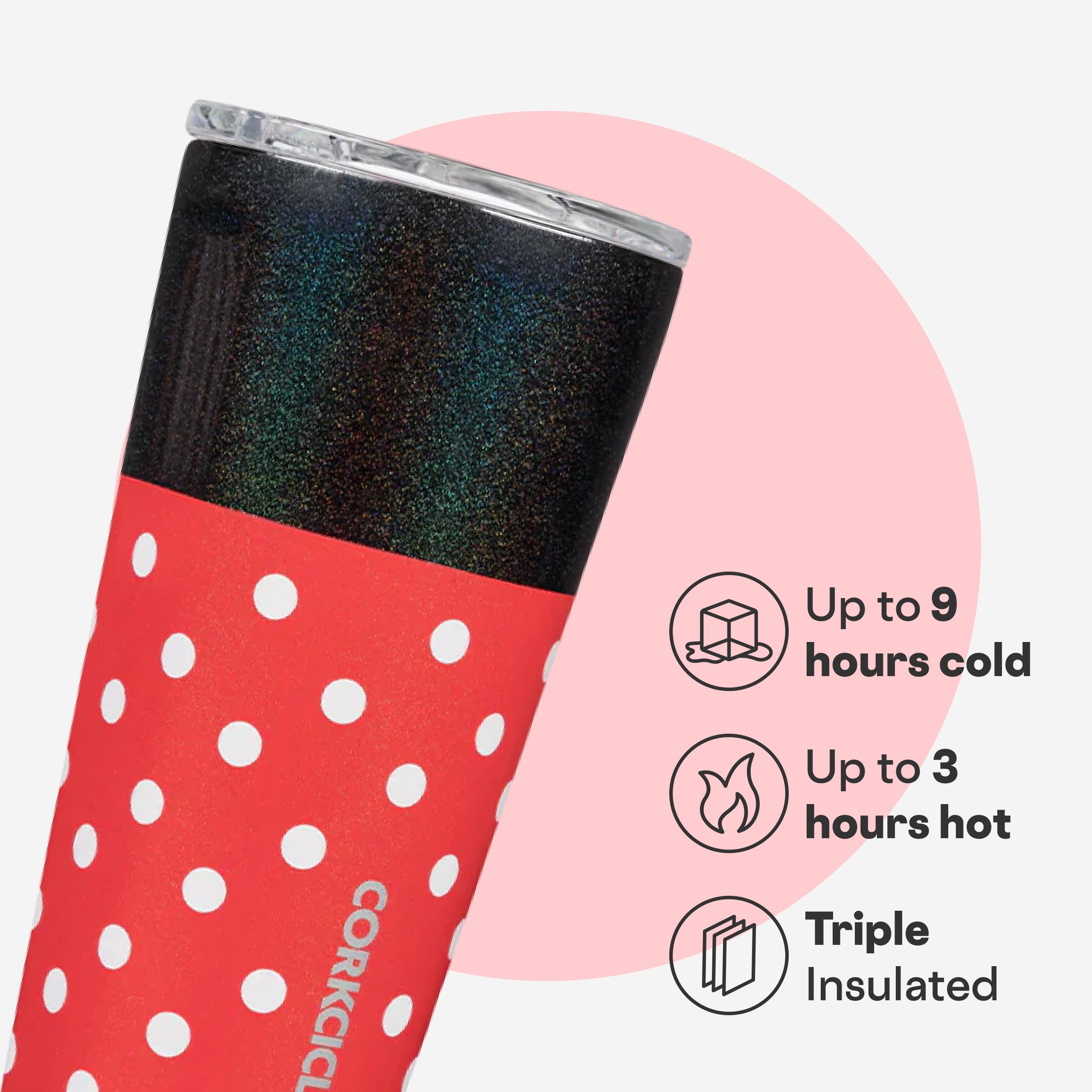 Corkcicle top lid detail showing shatterproof lid for spill protection