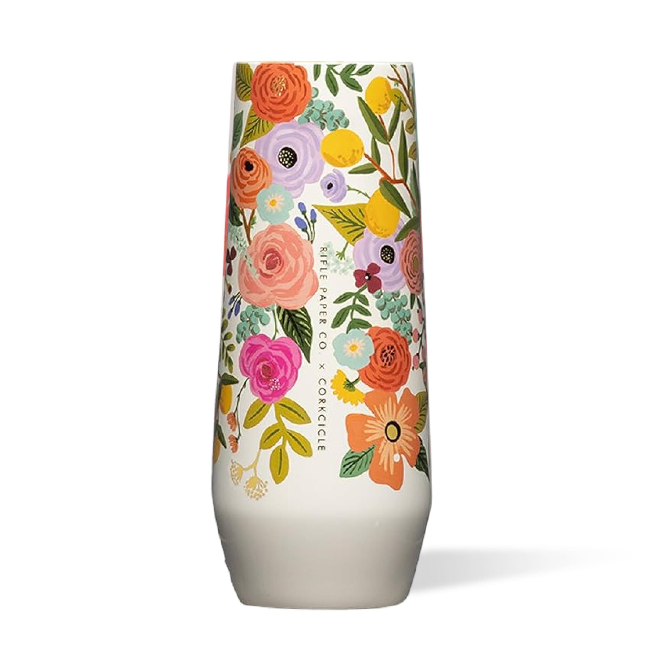 Corkcicle stemless flute front view showing elegant Garden Party Cream finish and cold retention