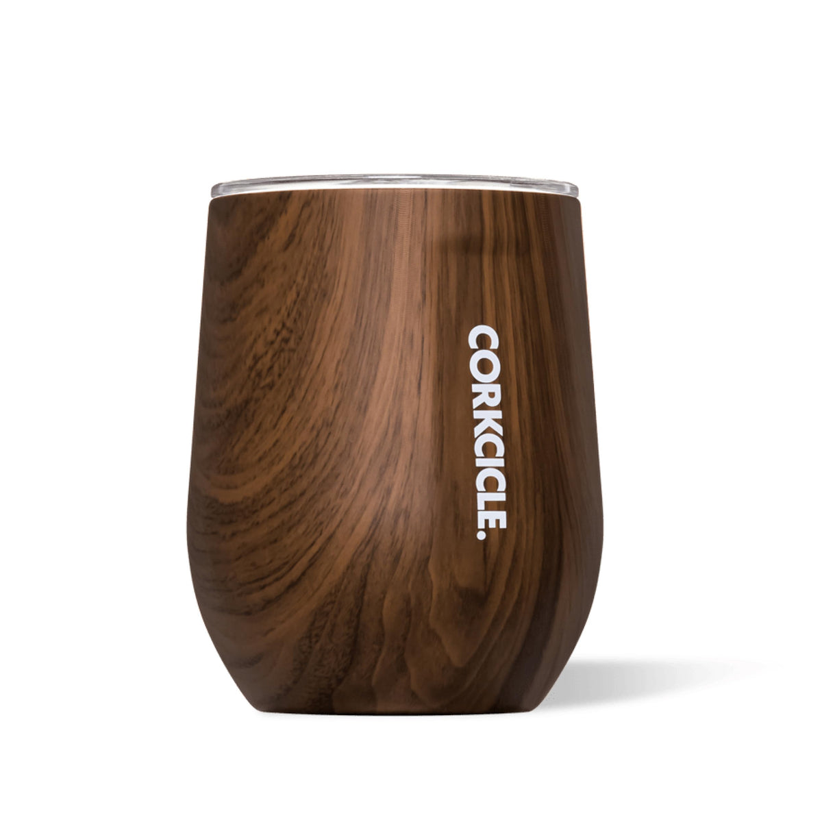 Corkcicle walnut stemless tumbler front view showing sleek finish and secure lid benefit
