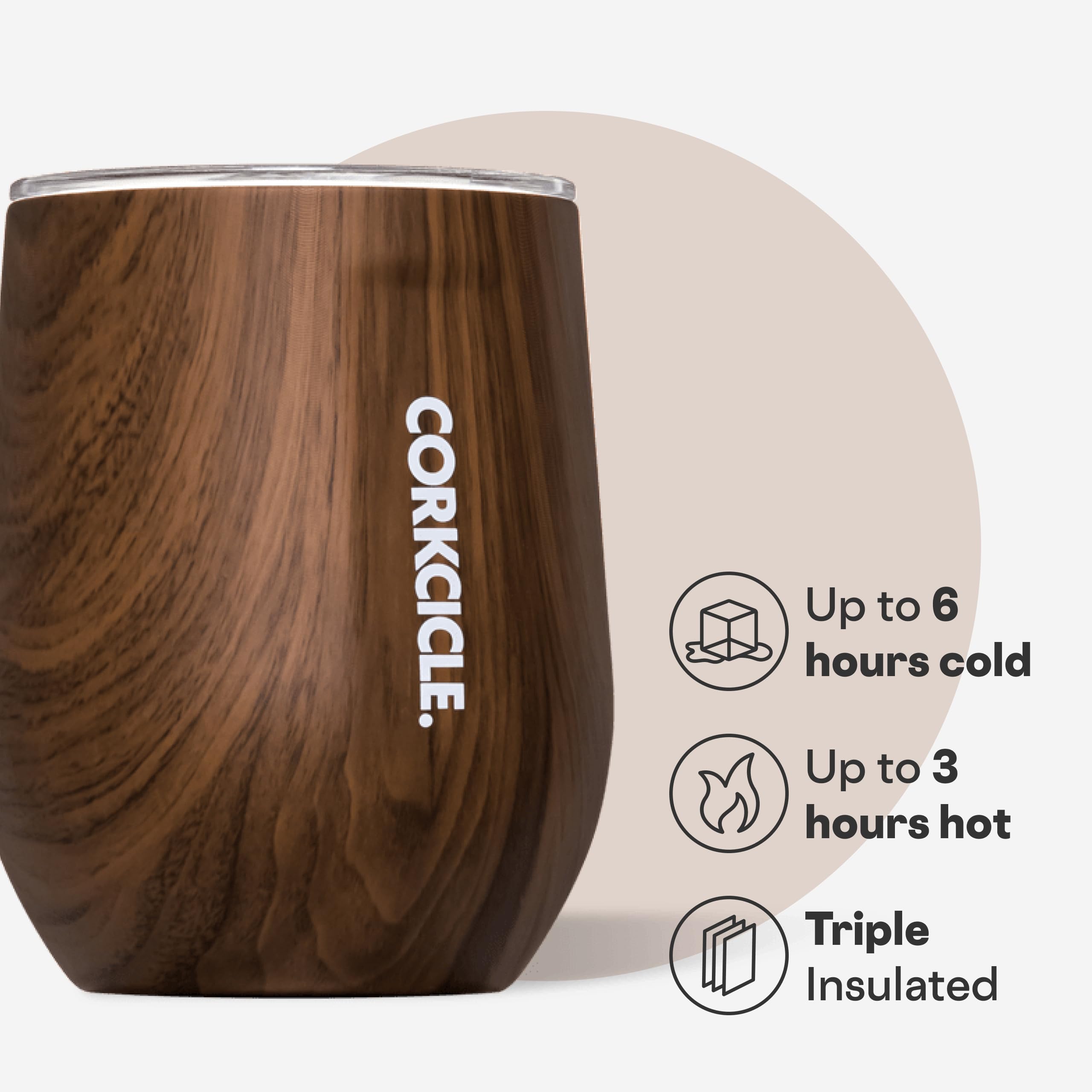 Corkcicle walnut grain detail highlighting textured finish and durable construction