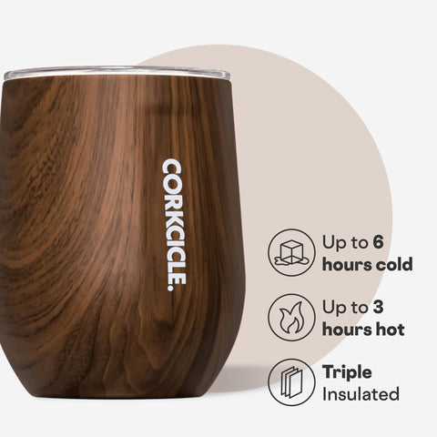 Corkcicle walnut grain detail highlighting textured finish and durable construction