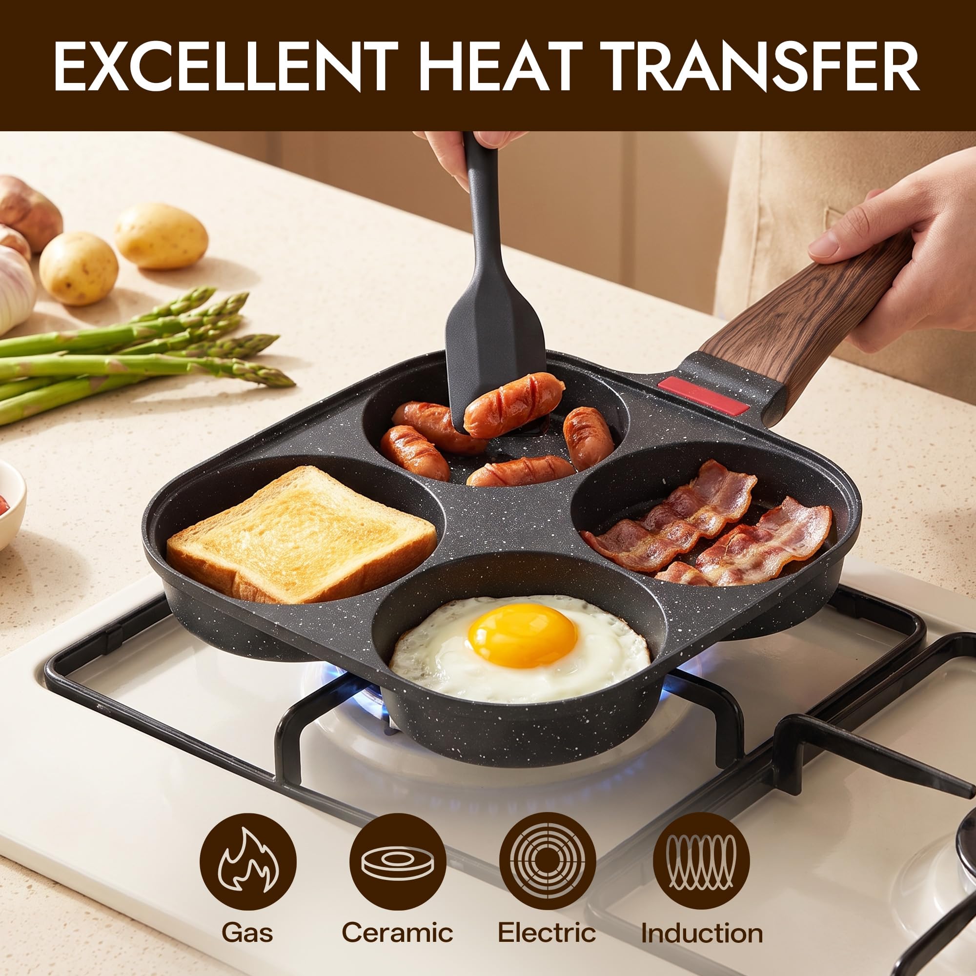 Corlekala pan in use cooking English muffins and eggs for quick family meals