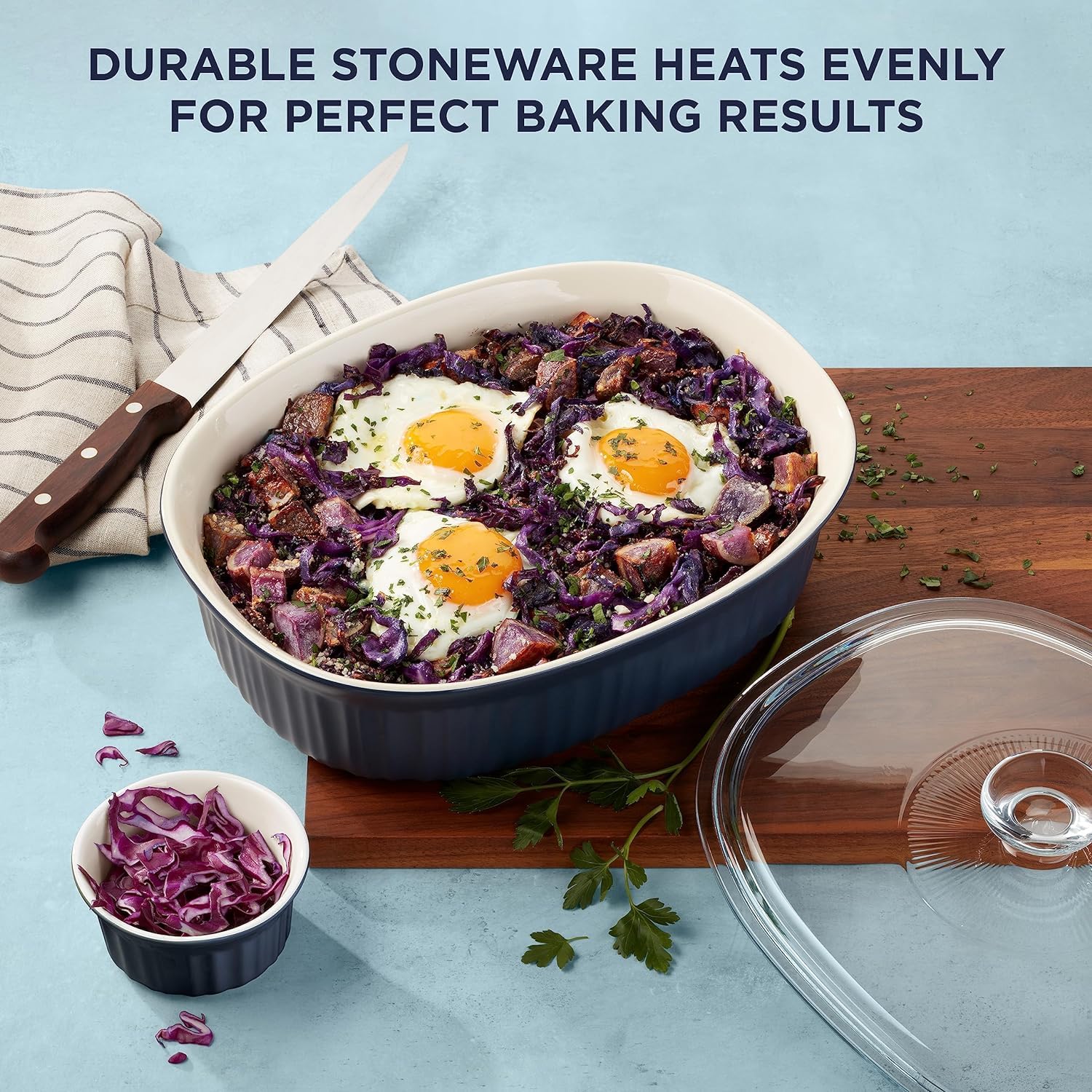 CorningWare baking dish in use with casserole, showing even browning and serving ease