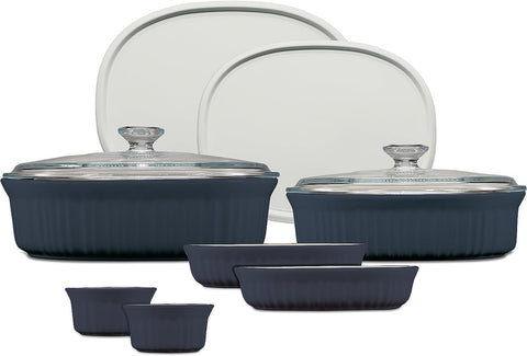 CorningWare front view of French Navy 10-piece set showcasing finished look and serving-ready style