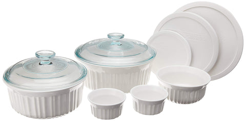 CorningWare front view showing full 10-piece set and elegant white finish for versatile serving