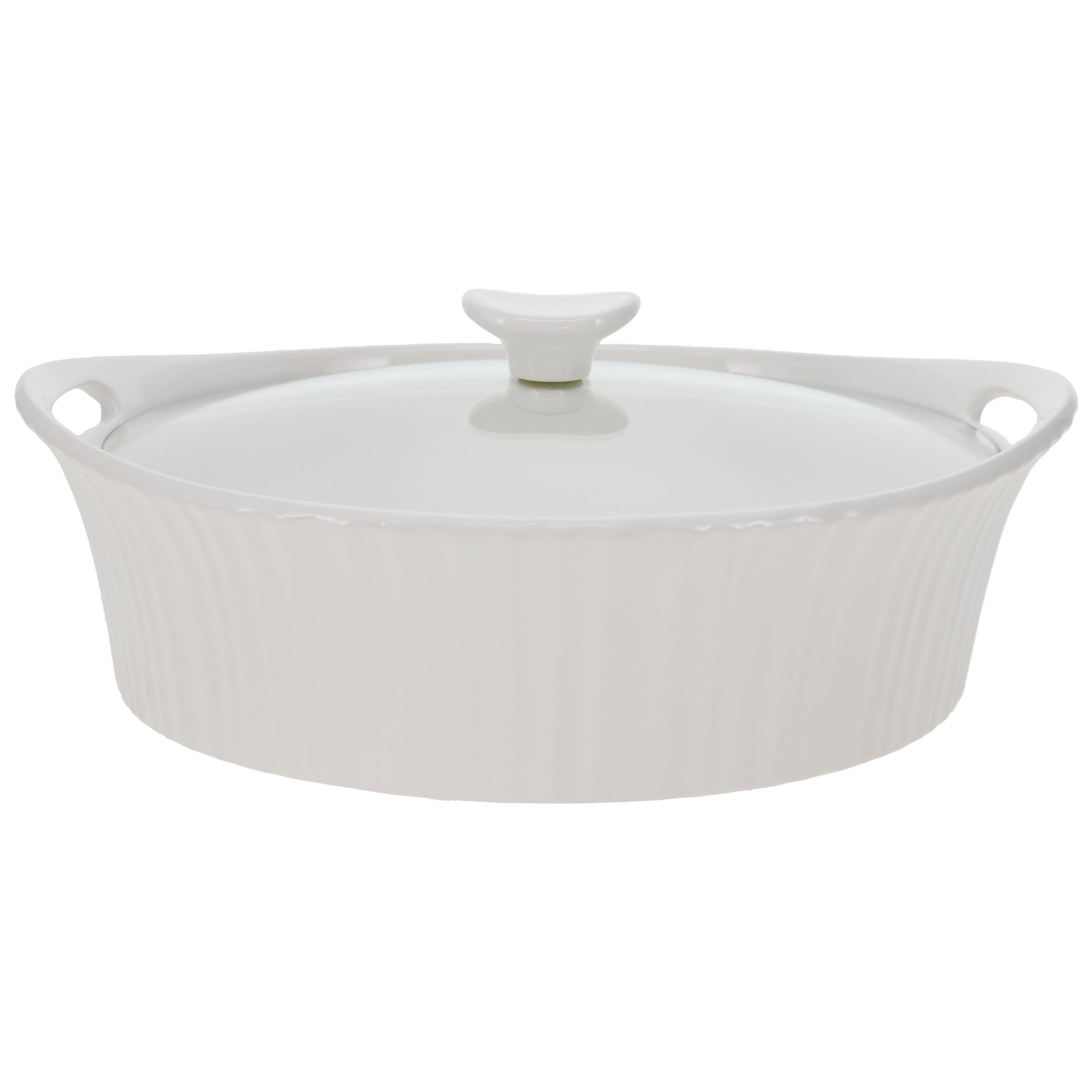 CorningWare front view of French White oval casserole showing elegant finish and oven-to-table appeal