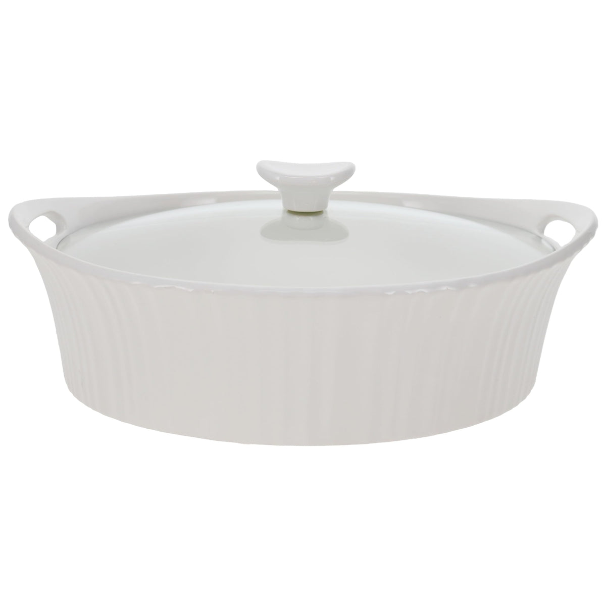 CorningWare front view of French White oval casserole showing elegant finish and oven-to-table appeal