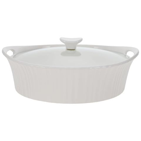 CorningWare front view of French White oval casserole showing elegant finish and oven-to-table appeal