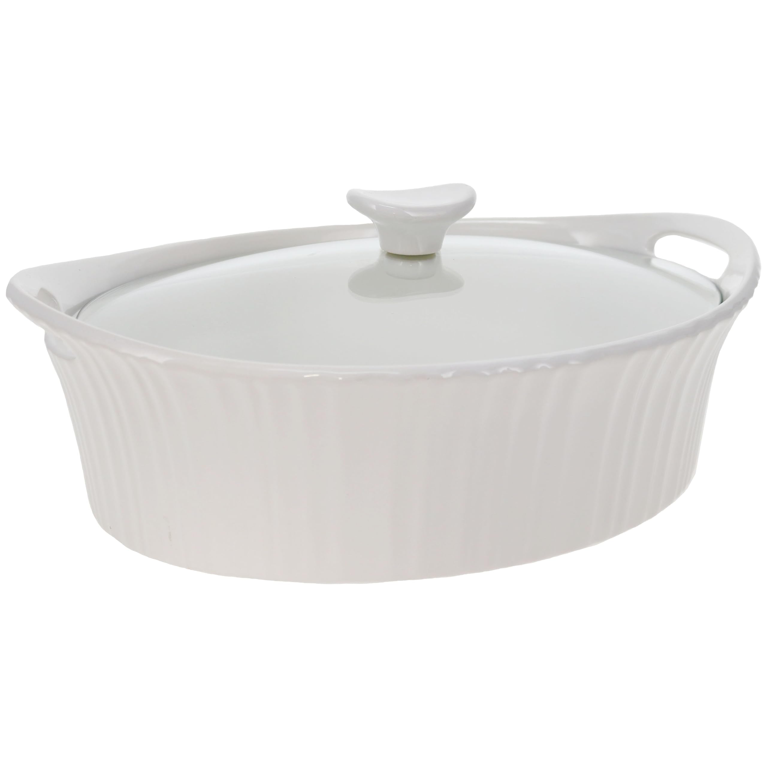 CorningWare close-up of tempered glass lid sealing casserole for visible cooking and storage benefit