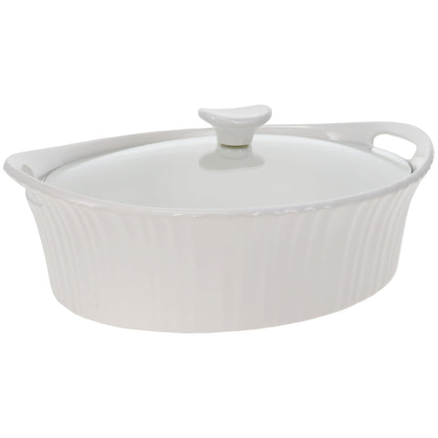 CorningWare close-up of tempered glass lid sealing casserole for visible cooking and storage benefit