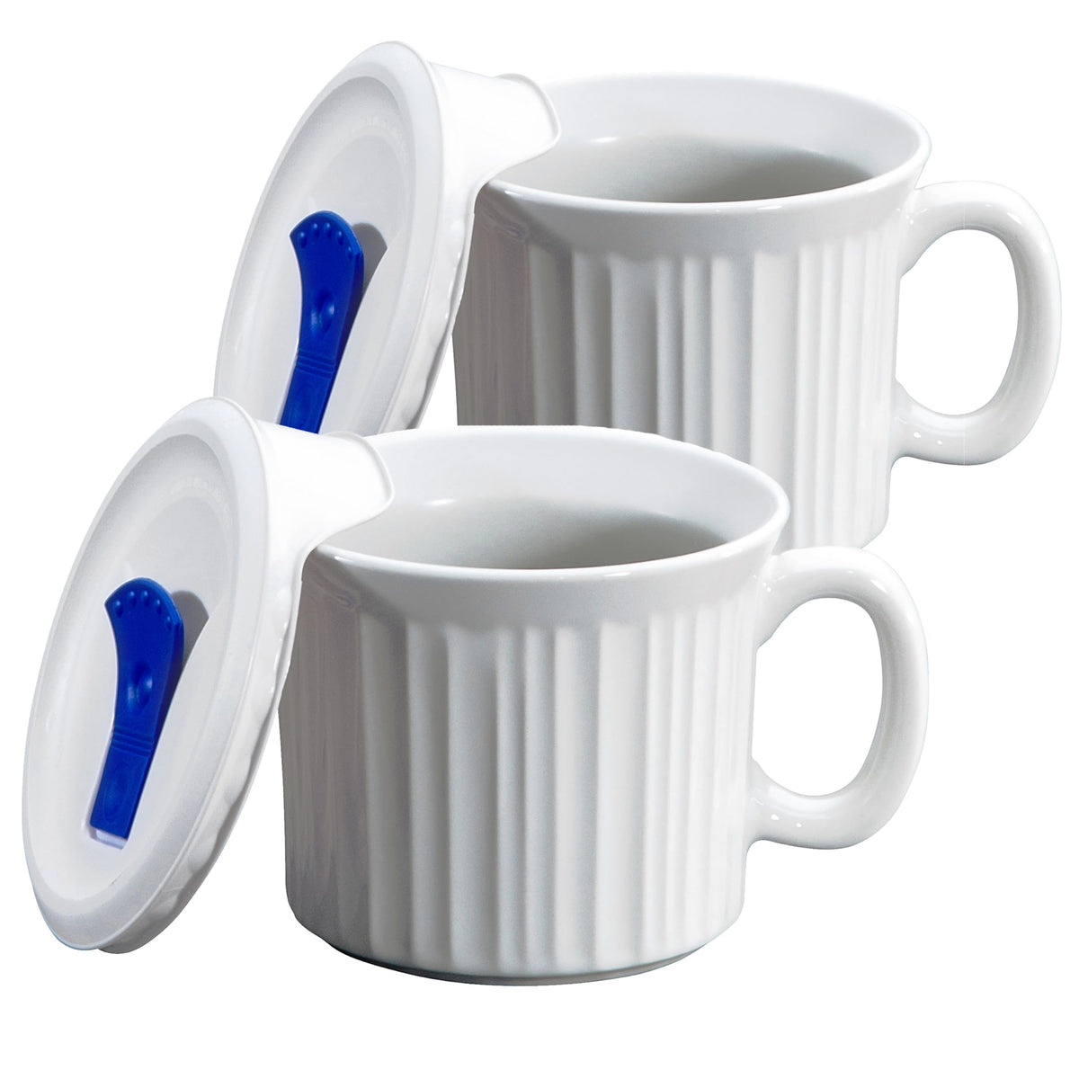 CorningWare front packaging French White showing two mugs, highlights durability