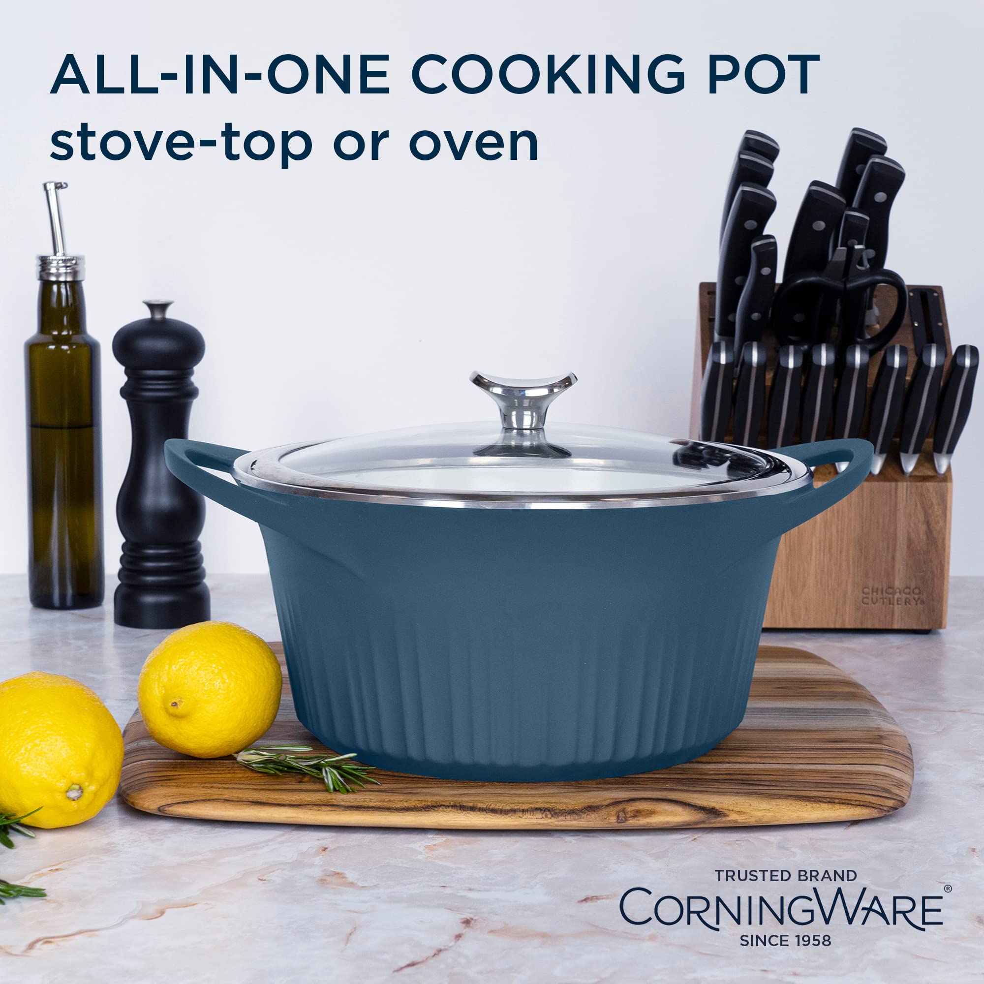 CorningWare QuickHeat tempered glass lid closeup showing easy visibility benefit