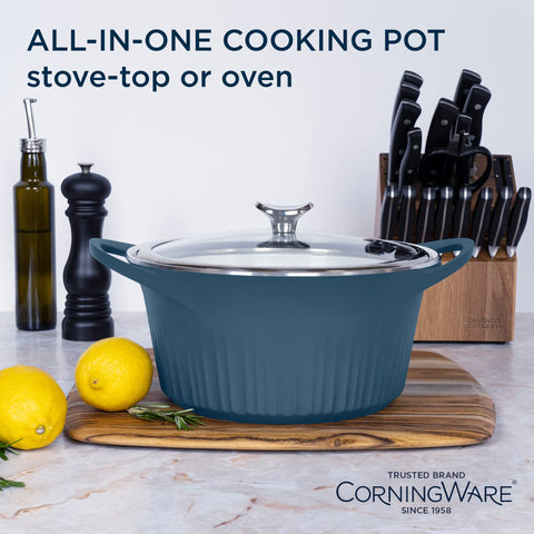 CorningWare QuickHeat tempered glass lid closeup showing easy visibility benefit