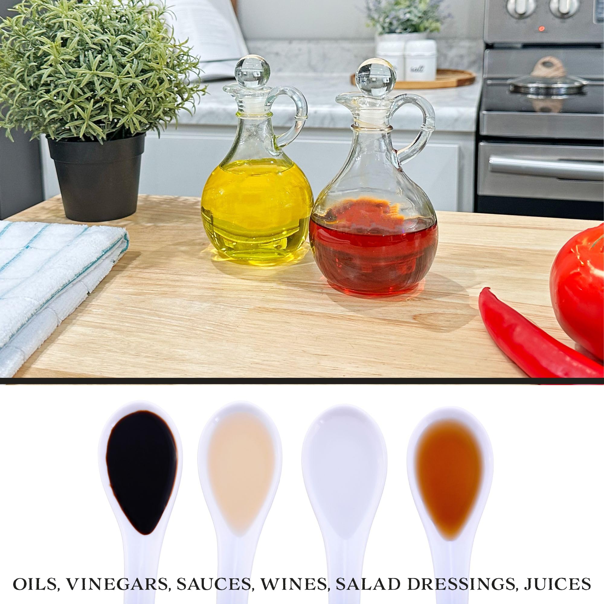 Cornucopia Brands filled cruets displaying olive oil and vinegar for visual identification