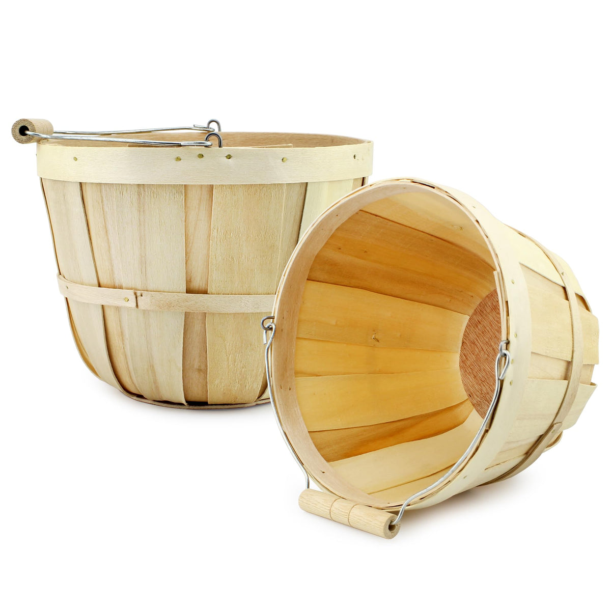 Cornucopia Brands front view showing both natural wooden buckets and handles for versatile display