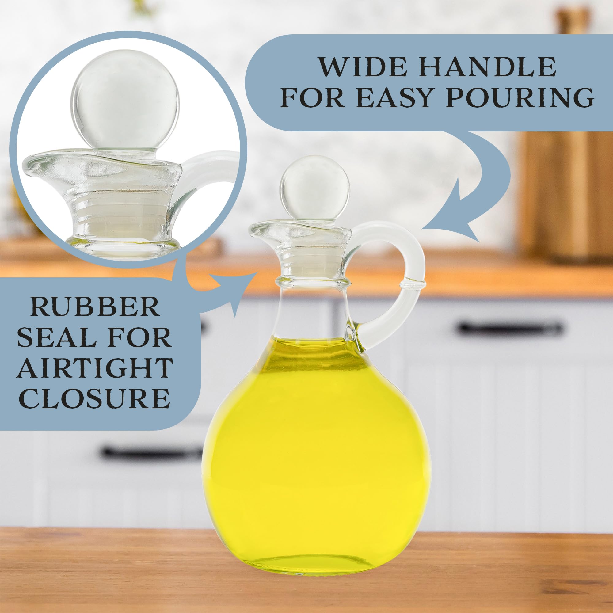 Cornucopia Brands cruet by stovetop for easy measured oil addition while cooking