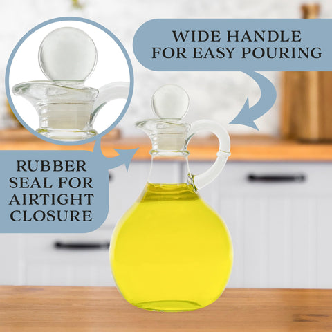 Cornucopia Brands cruet by stovetop for easy measured oil addition while cooking