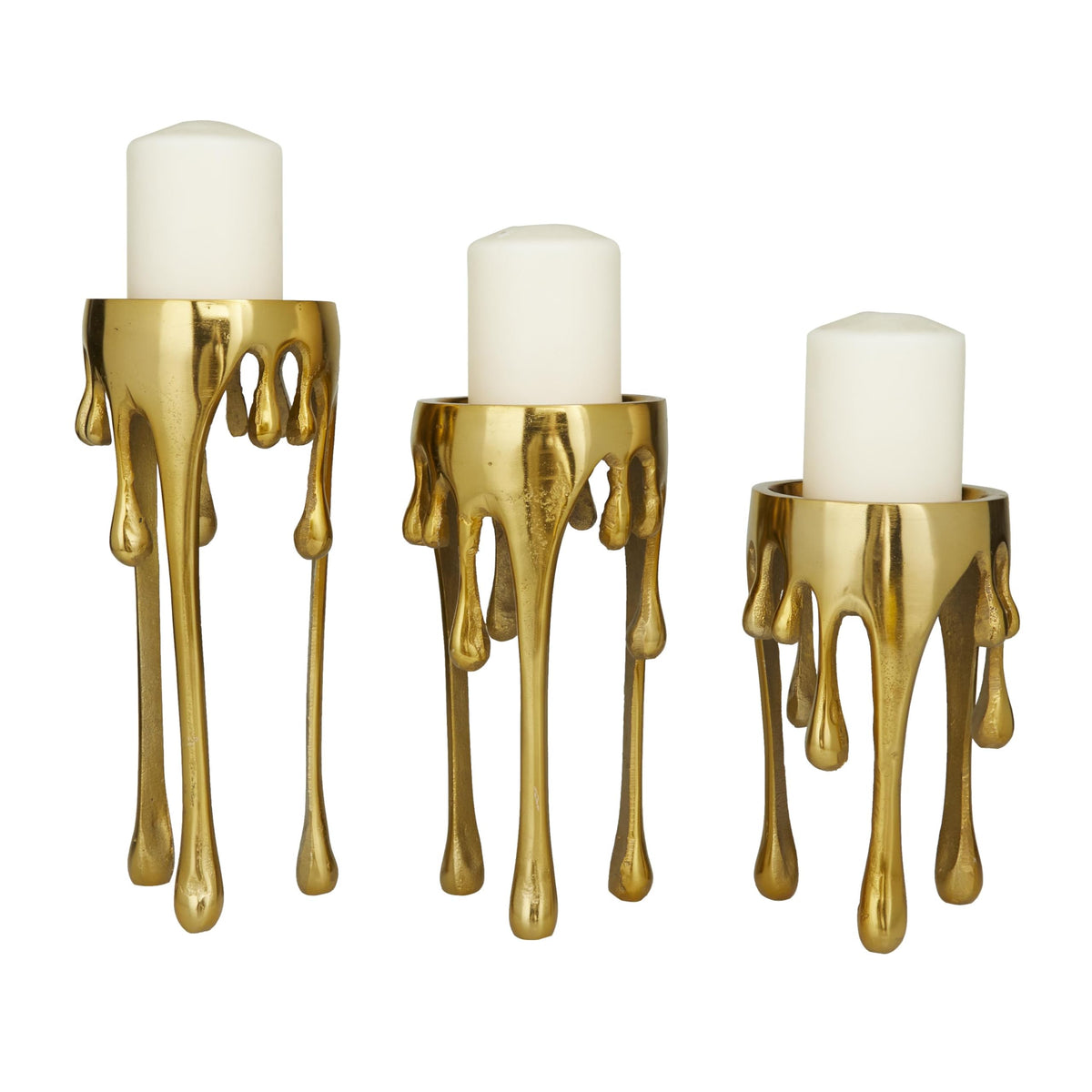 CosmoLiving front view of three gold candle holders showing modern silhouette and balance