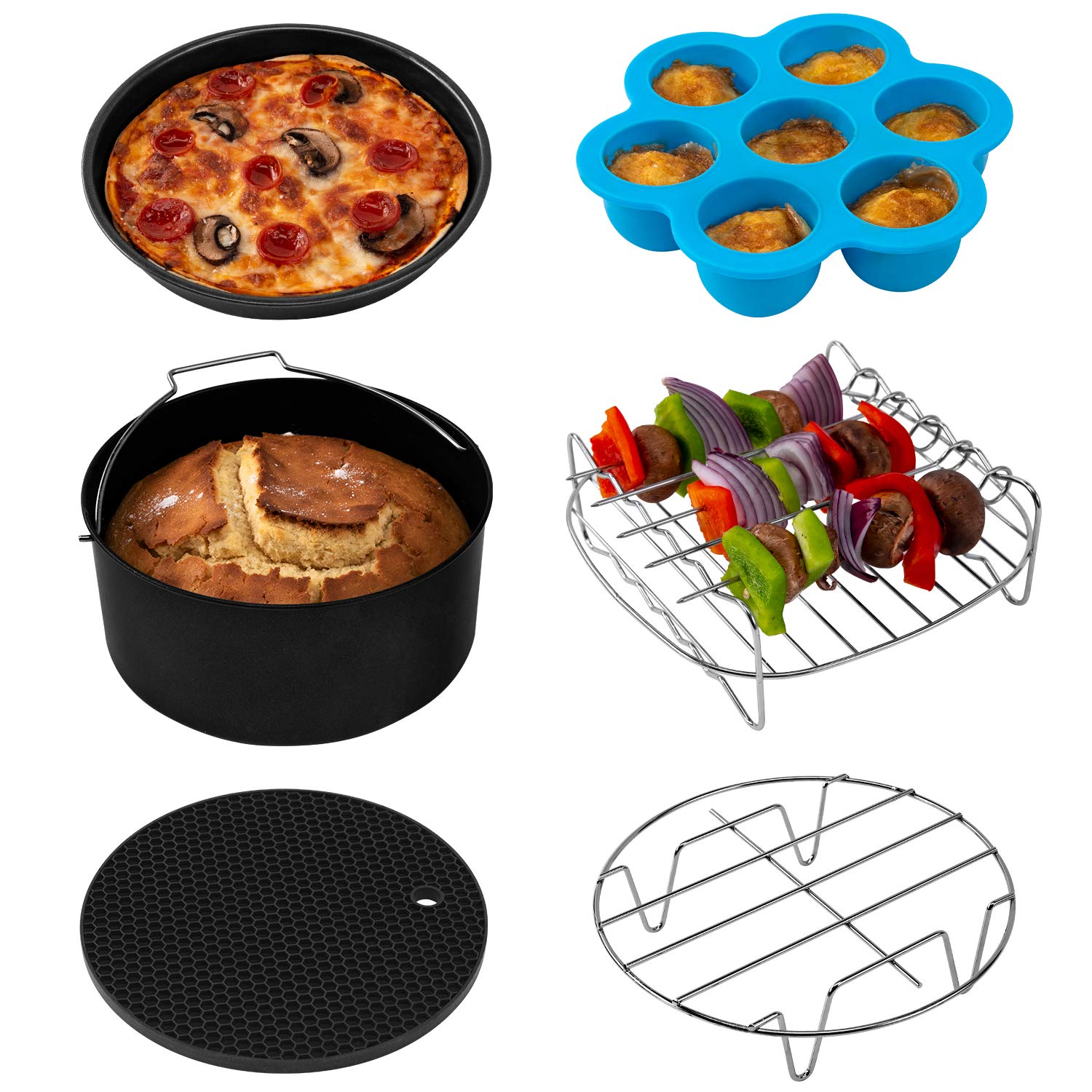 Cosori accessory set front view showing all six pieces and organized layout for versatility