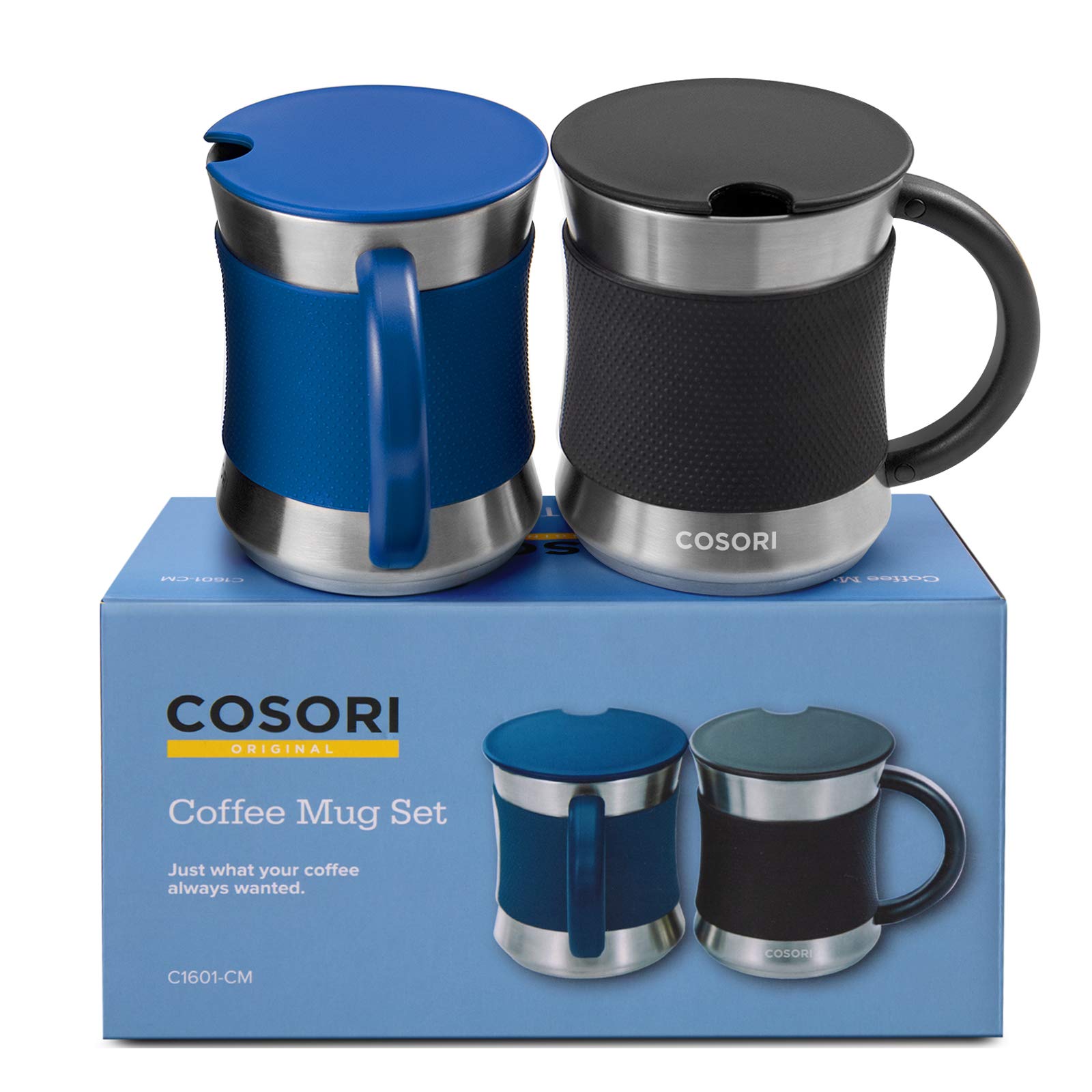 Cosori front view of two 17 oz mugs showing lids and colors for gifting benefit
