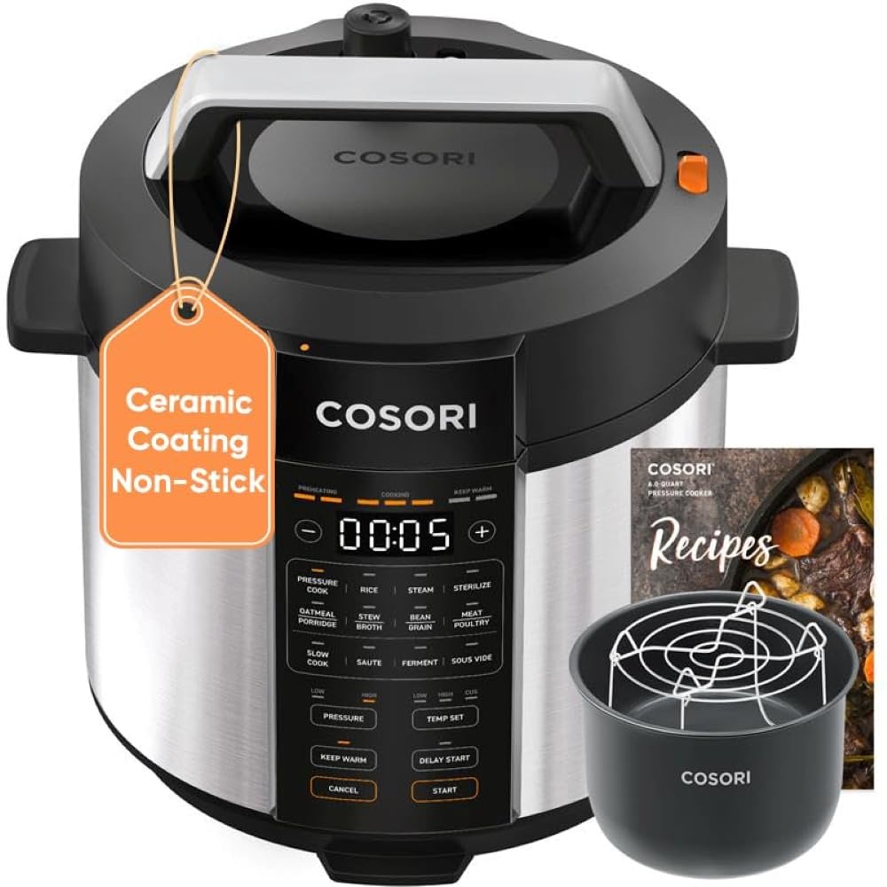 Cosori pressure cooker front view showing controls and compact design benefits