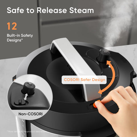 Cosori steam vent angle detail directing steam backward for safer venting