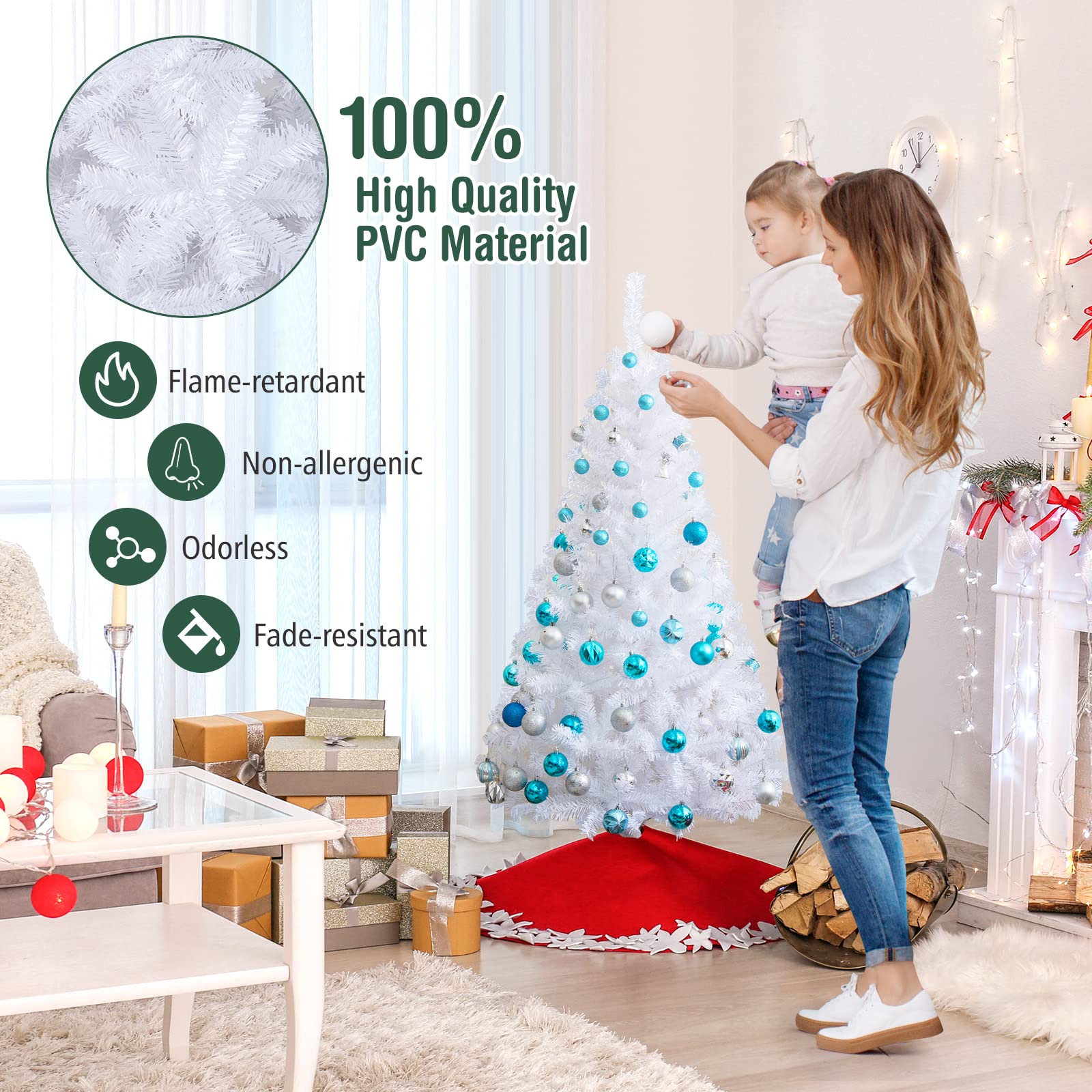 COSTWAY tree in living room showing stylish seasonal decor and space-saving benefit