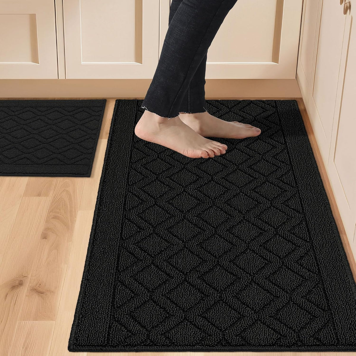COSY HOMEER front view of black kitchen mat showing durable surface and modern look
